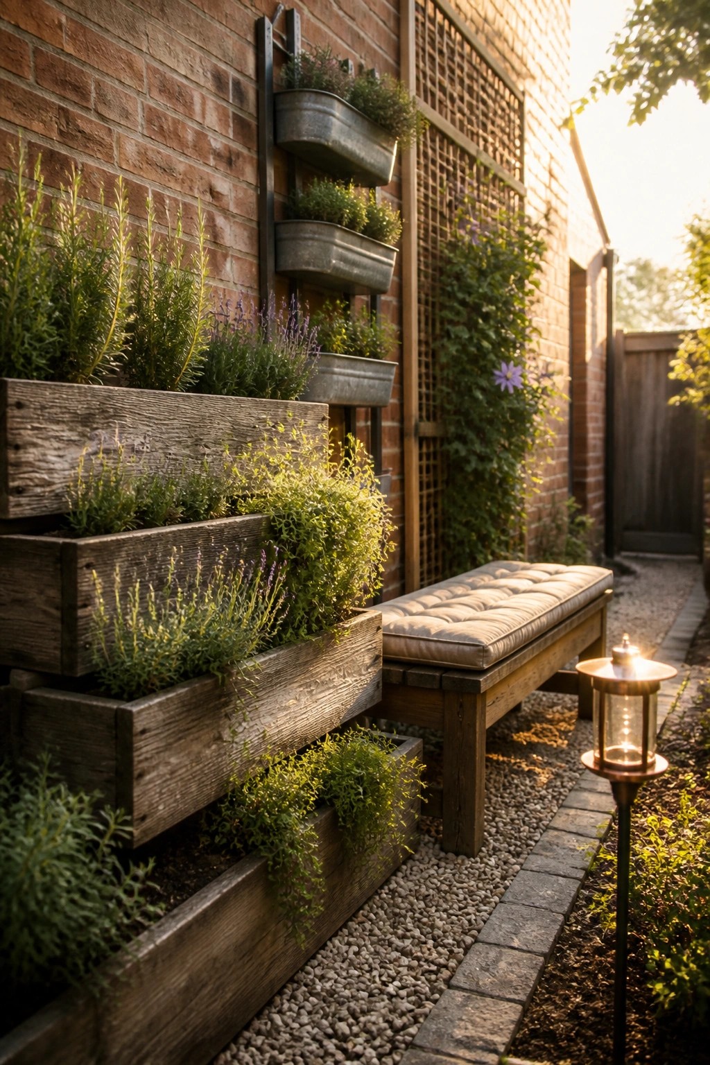 Tiered wooden planters mounted against a brick wall in a narrow outdoor space, with a bench, gravel path, and lantern visible.