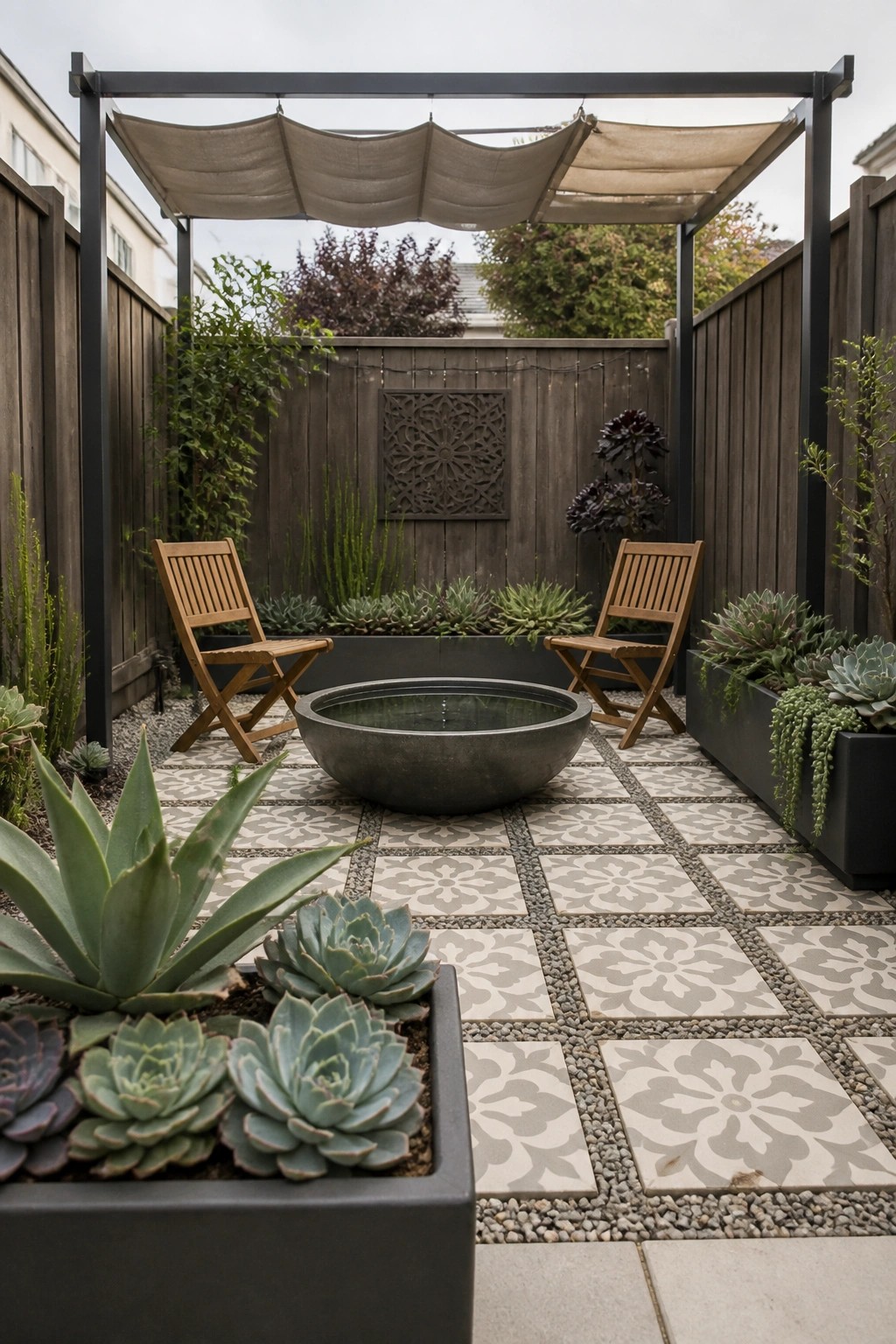 Serene patio with stone fountain, wooden chairs, succulents, and patterned tiles under pergola.