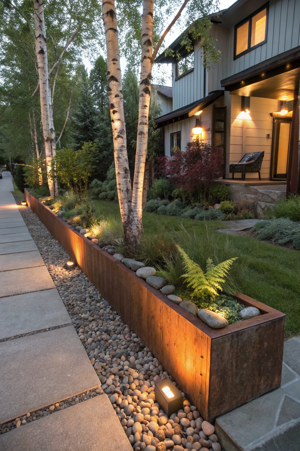 Rusted metal planter bed glowing at dusk beside birch trees and stone path.