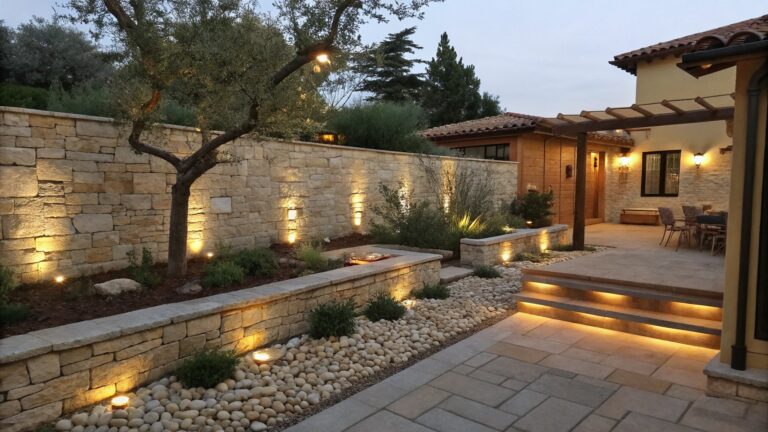 Serene Mediterranean courtyard with stone walls, olive tree, terracotta pots, and warm lighting