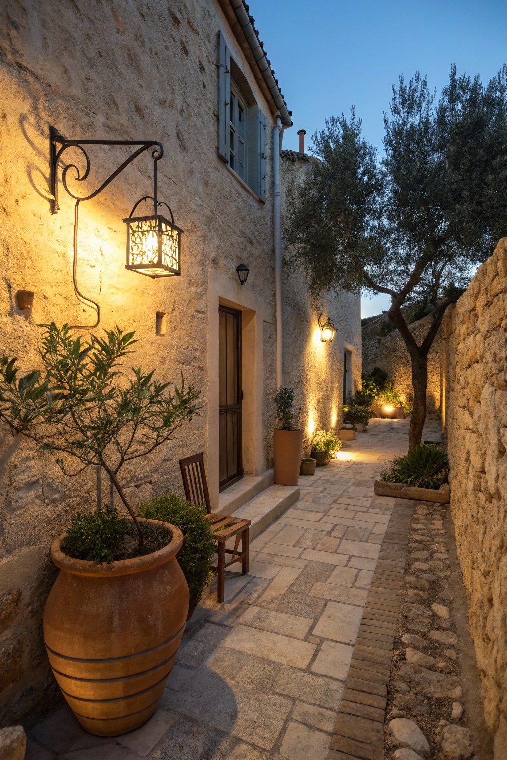 Rustic stone building with glowing lantern, terracotta pot, and wooden chair in narrow alley