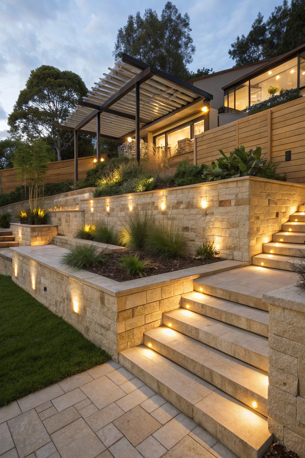 Warmly lit stone stairs ascend through landscaped retaining walls toward modern home