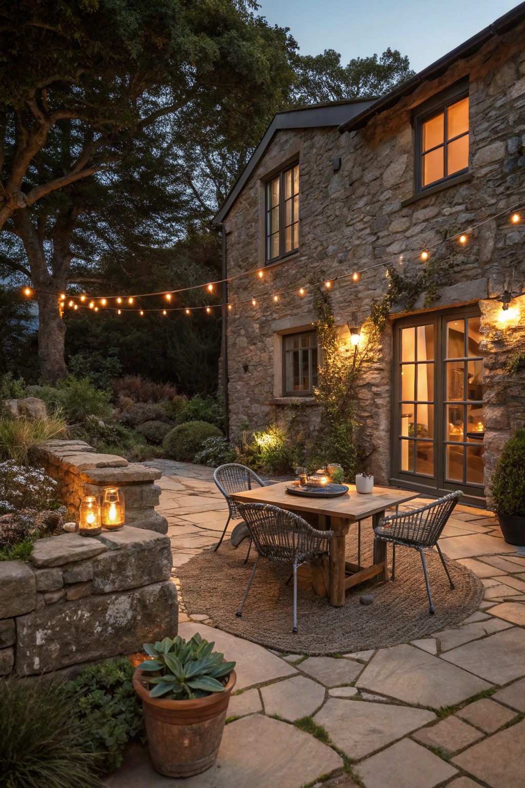 A stone house with a paved patio, wooden dining table, woven chairs, string lights strung along the wall, and lanterns placed on a low stone ledge at dusk.
