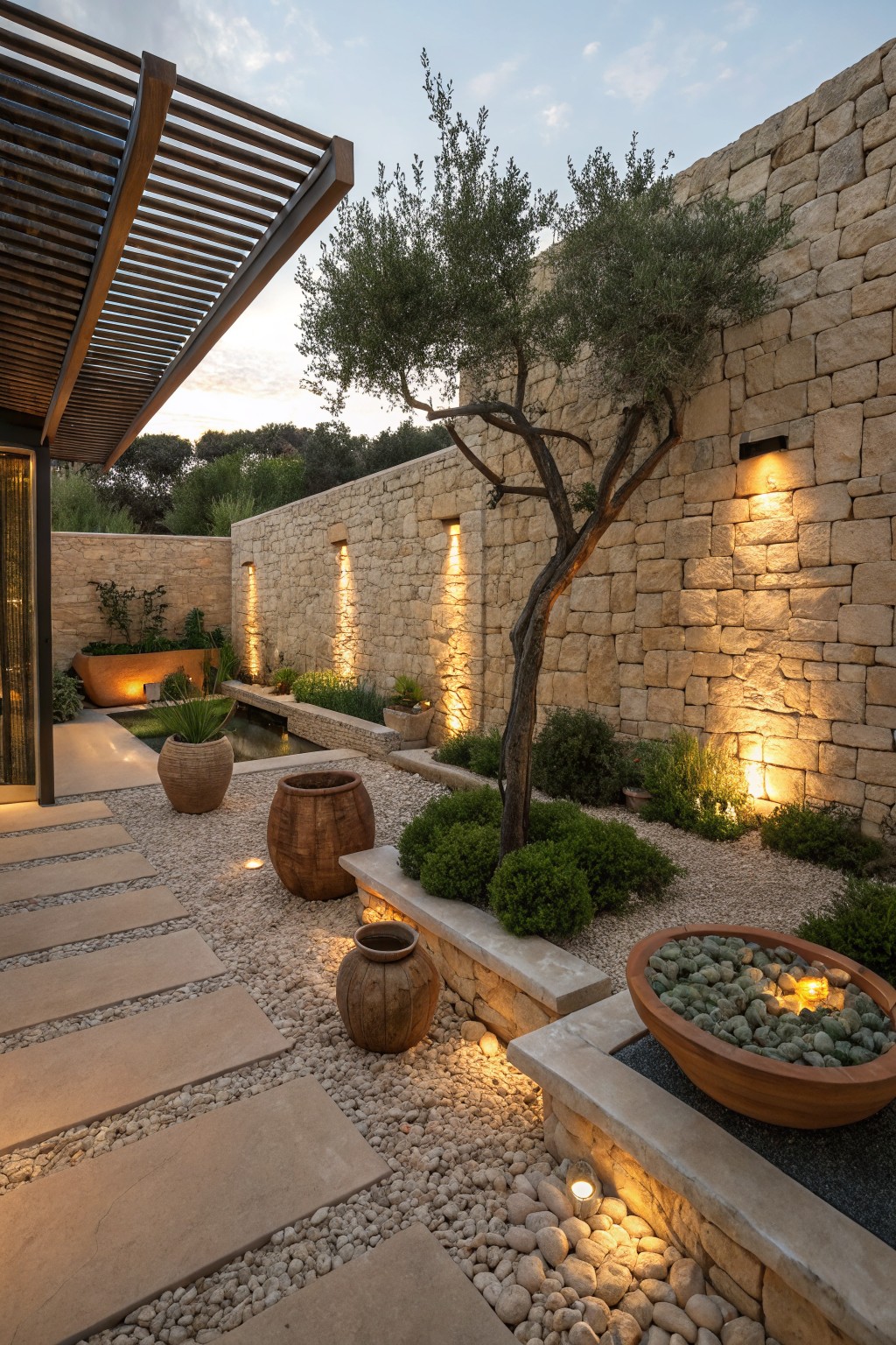Serene Mediterranean courtyard with stone walls, olive tree, terracotta pots, and warm lighting