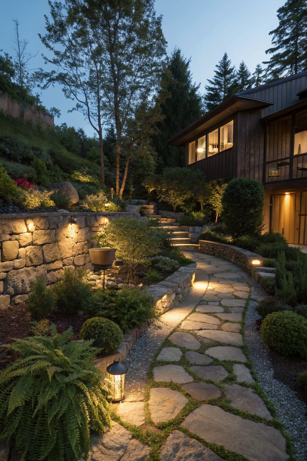 A winding stone path bordered by low uplights runs past a stacked stone retaining wall and layered garden beds next to a wooden house at dusk.