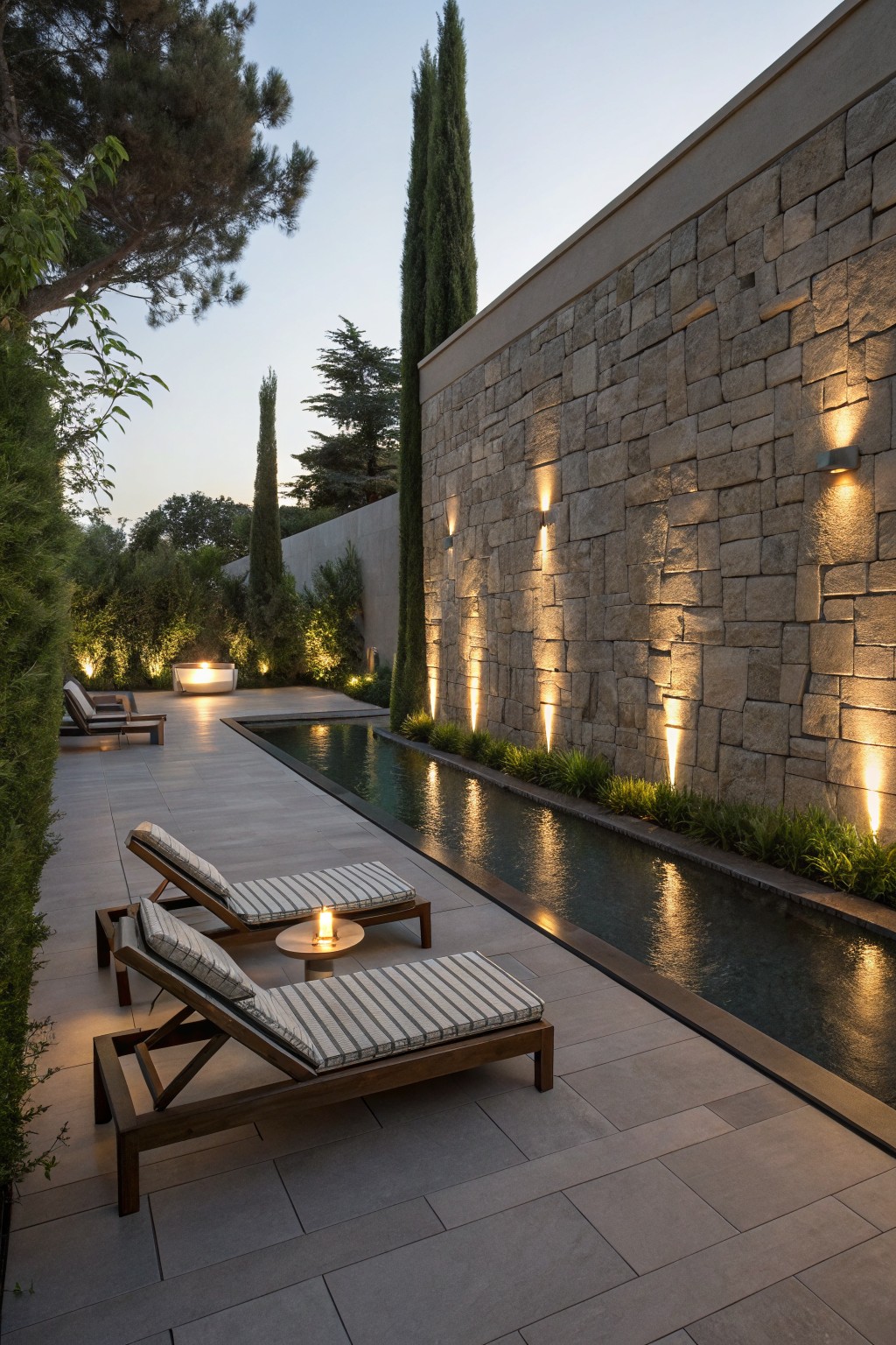 A long narrow pool runs beside a tall stone wall fitted with several vertical uplights, with wooden lounge chairs on the paved patio and tall trees in the background.