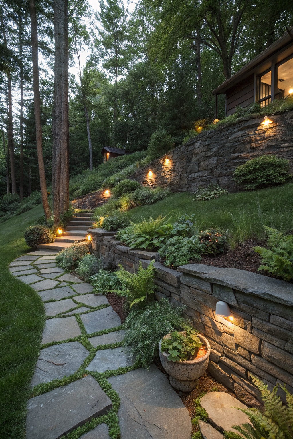 A multi-tiered stone retaining wall with uplights illuminating ferns and shrubs beside a flagstone path and steps on a wooded hillside.