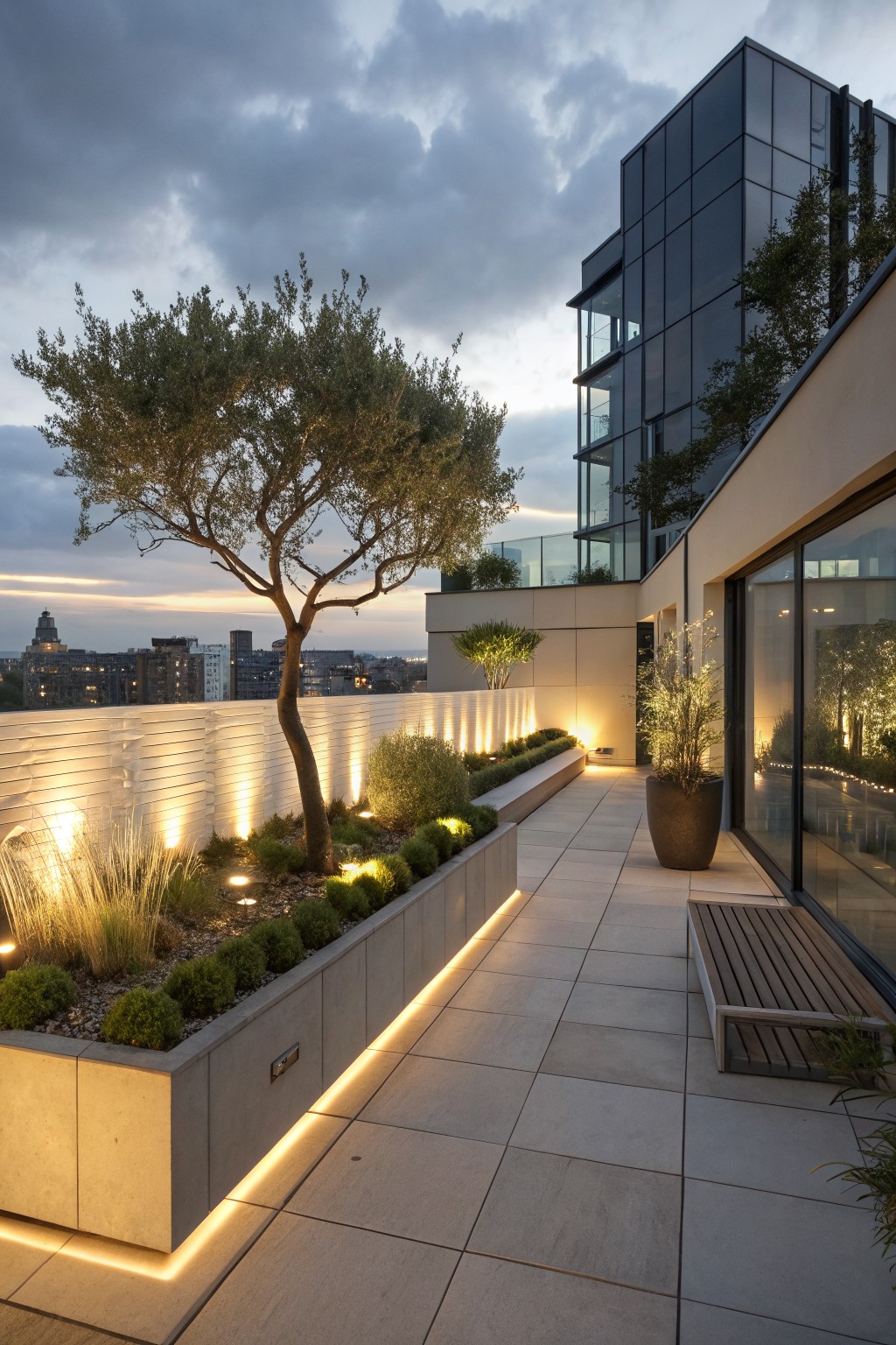 A modern rooftop terrace at dusk with long concrete planters containing trees and shrubs, integrated uplights along the planter fronts, a wooden bench, and a glass building on the right.