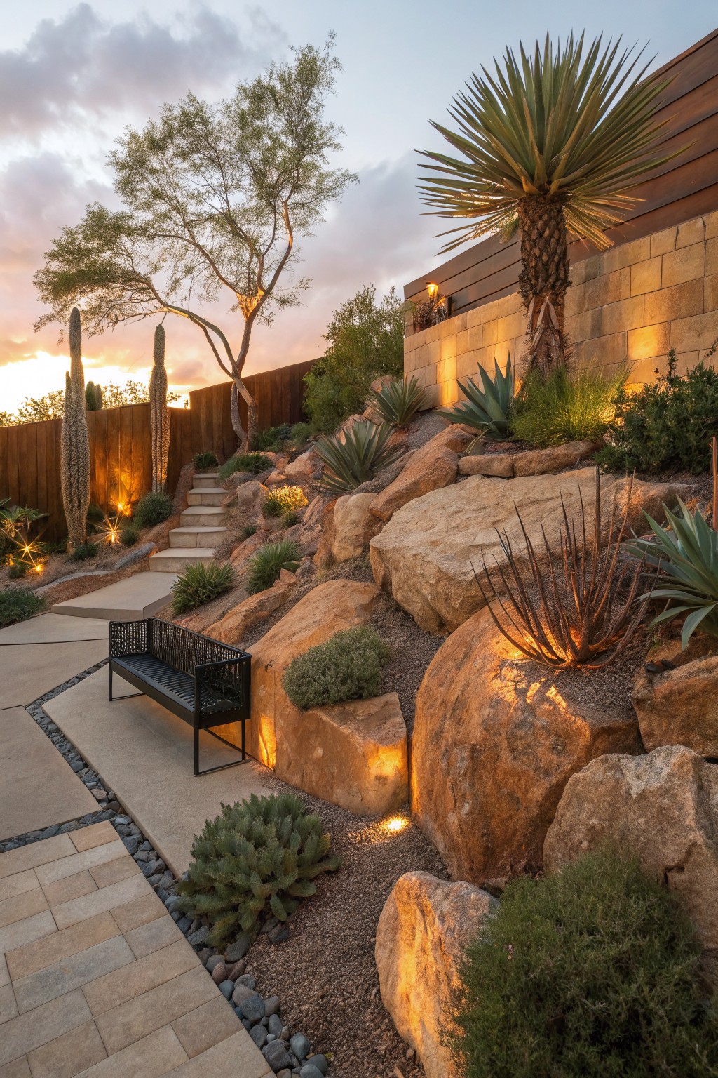 A backyard garden at dusk features large illuminated boulders, agave plants, a black bench on a paved path, and a palm tree beside a stone wall.