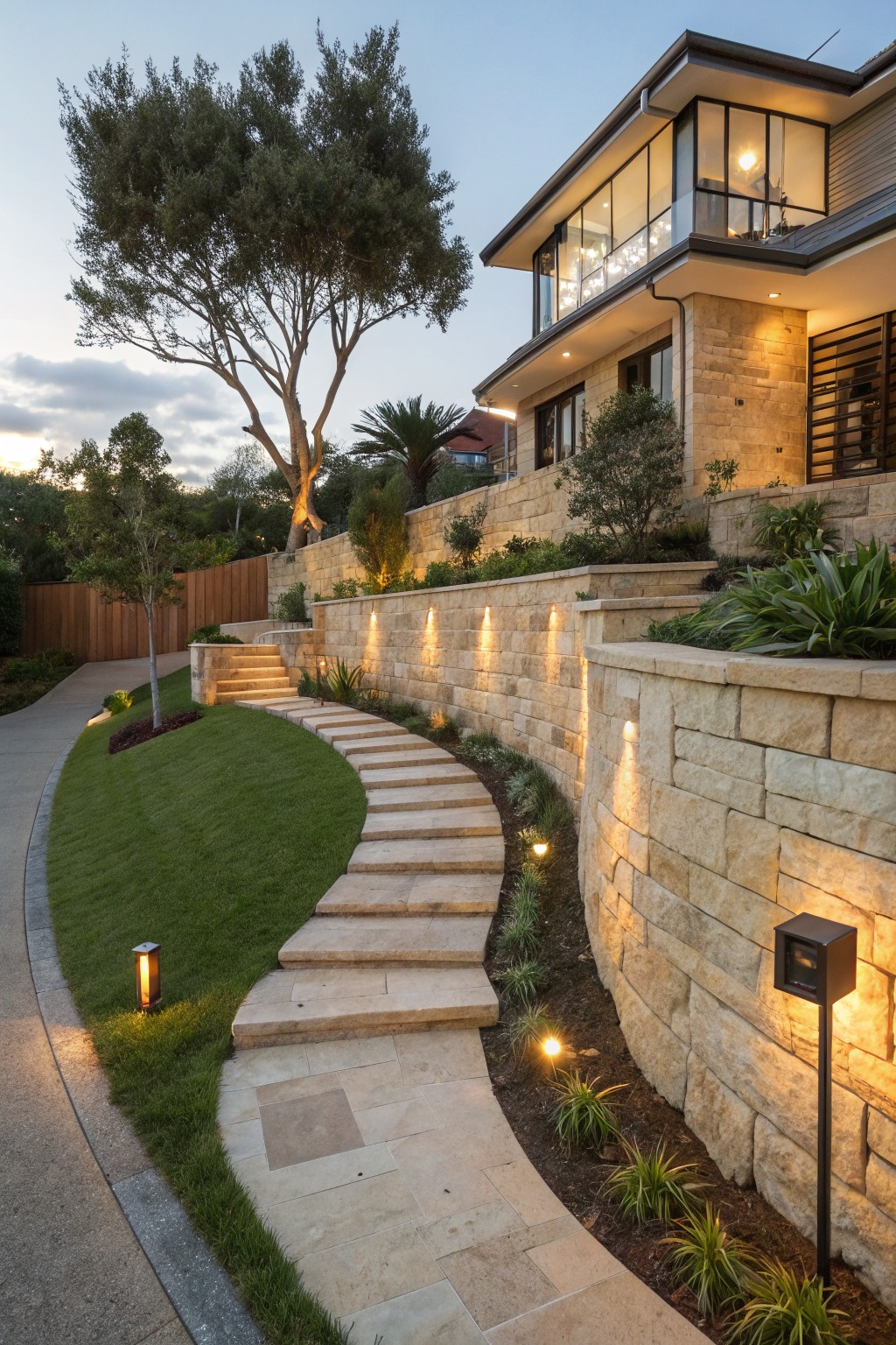 A curved stone pathway with steps leads past a tall retaining wall fitted with small uplights, next to a modern two-story house with large windows.