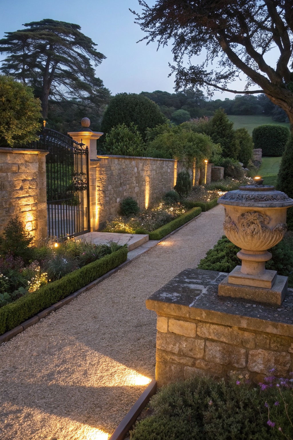A gravel garden path runs beside a low stone wall lit from below, with a large decorative stone urn on a nearby wall and a black metal gate in the background.