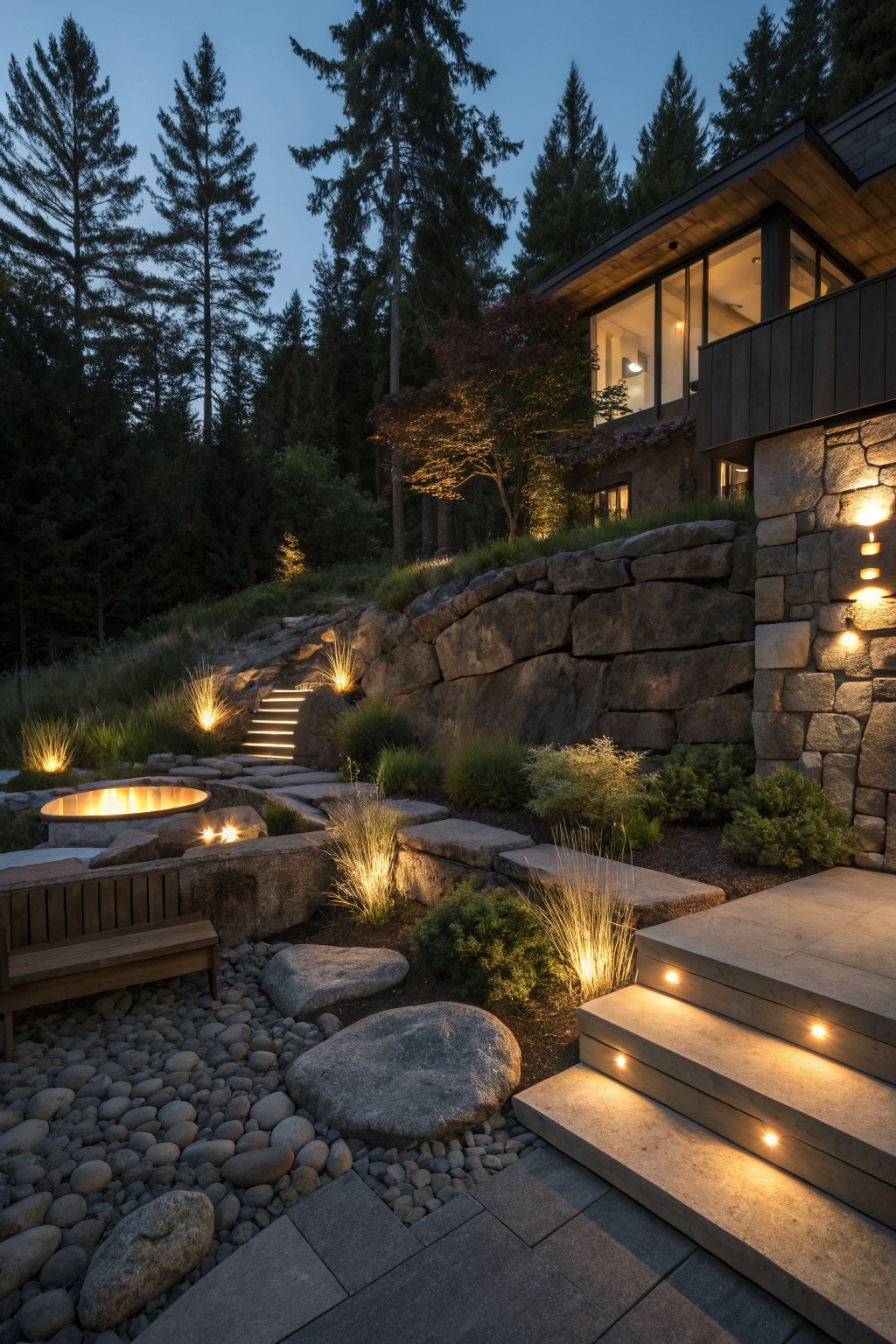 A modern house exterior at dusk with a large stone retaining wall, illuminated stone steps, uplighted ornamental grasses, a fire pit area, and a gravel path in a wooded setting.