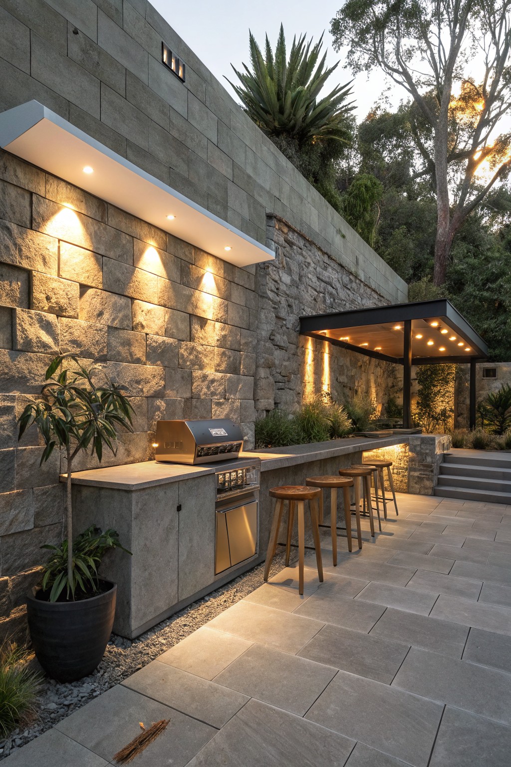 Modern outdoor kitchen with stone wall, built-in grill, concrete counter, and wooden bar stools