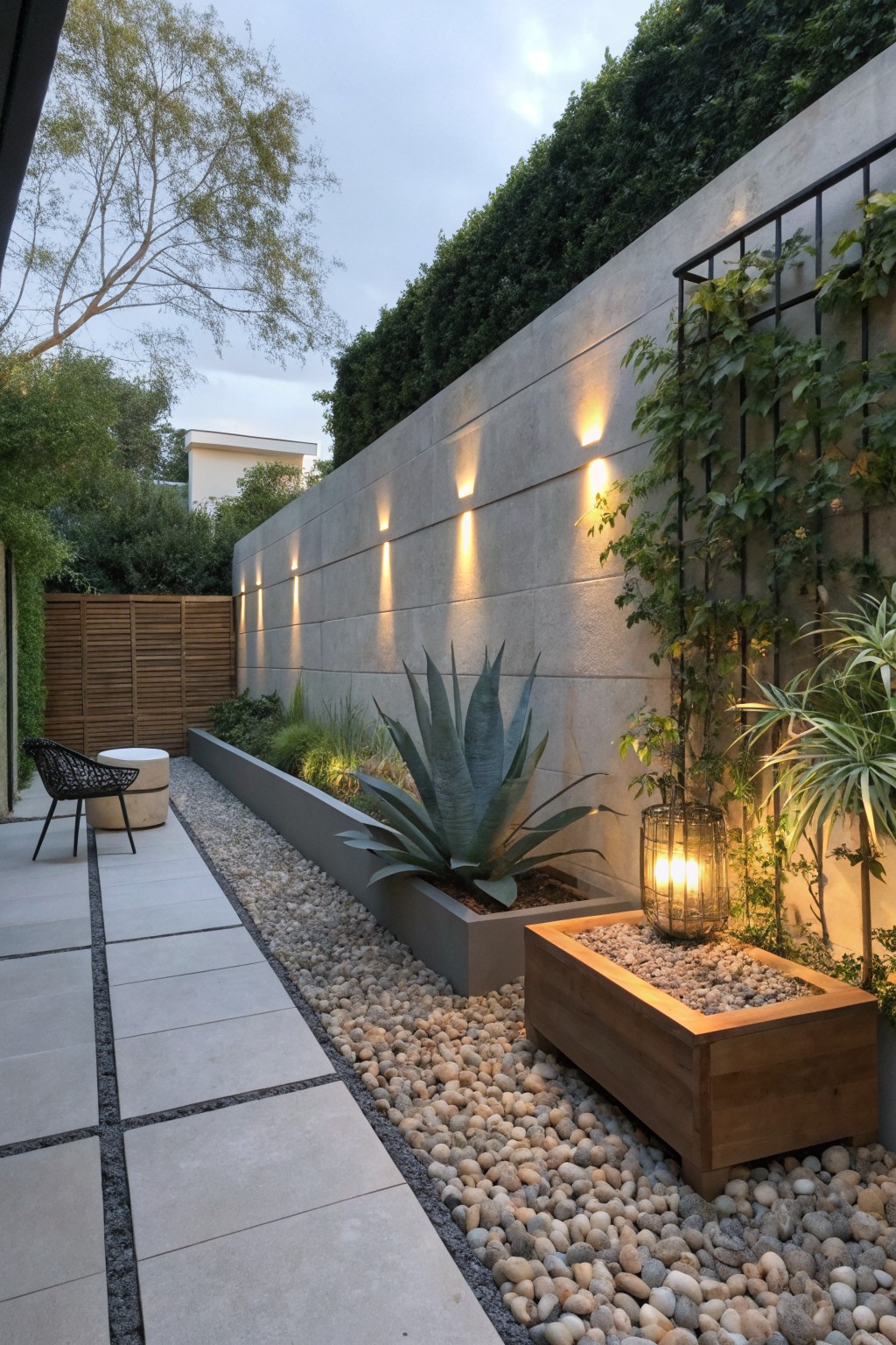A concrete garden wall with recessed uplights illuminating large agave plants in raised planters beside a gravel path.