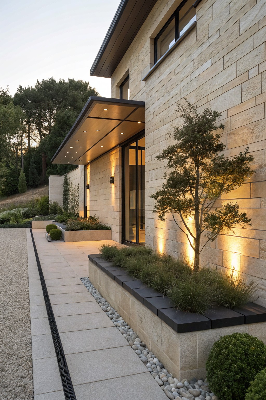 A modern stone house exterior at dusk with uplighting on a tree and grasses against the wall, a paved walkway, and recessed lights in the entry overhang.