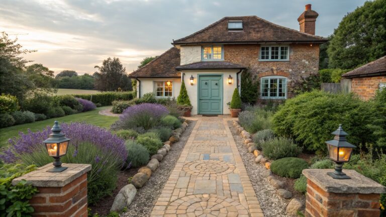 A brick and stone cottage with a blue front door, two lit lanterns on either side, and a stone path bordered by lavender and shrubs.