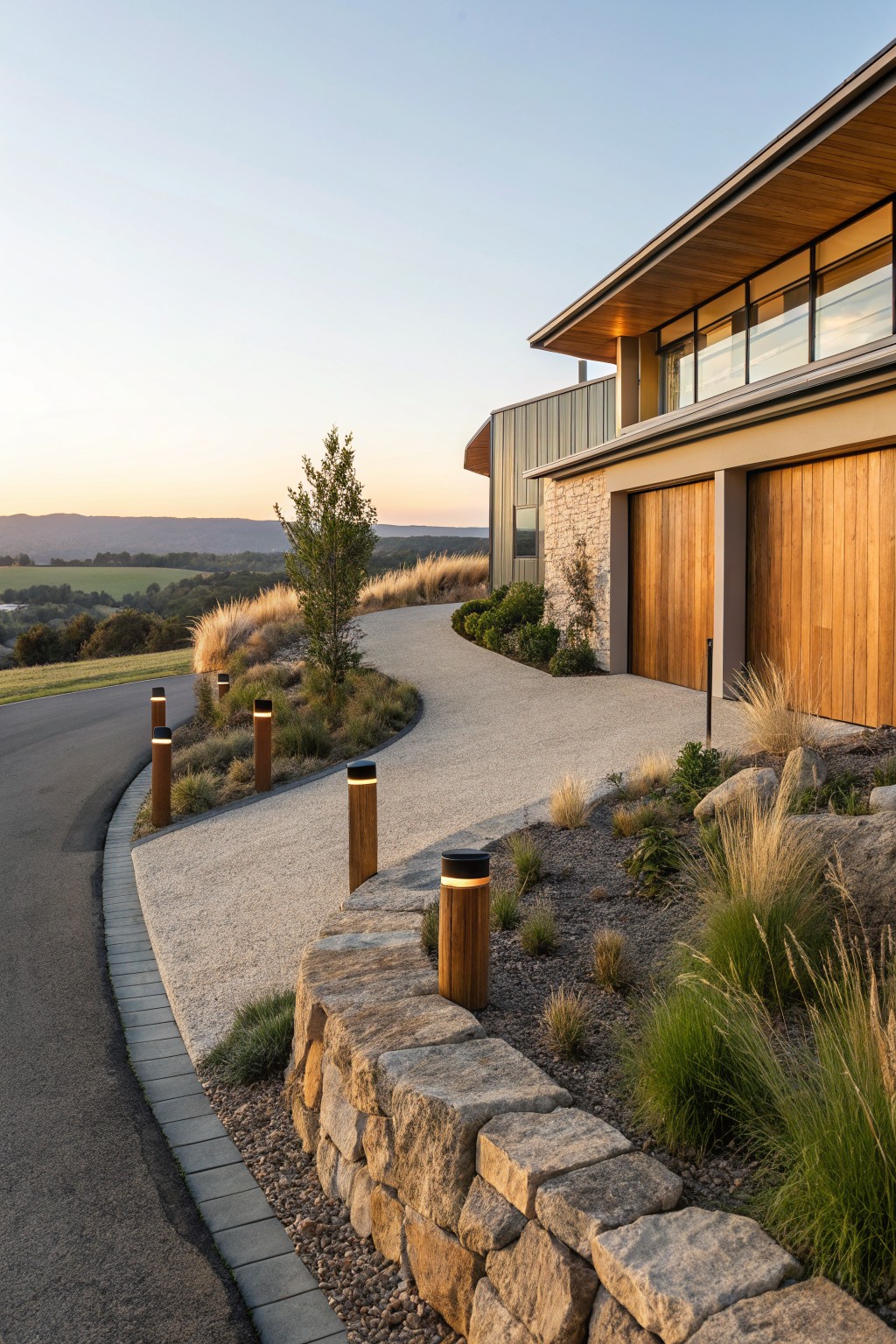 A modern house with a curved gravel driveway edged by wooden bollard lights and a low stone retaining wall.
