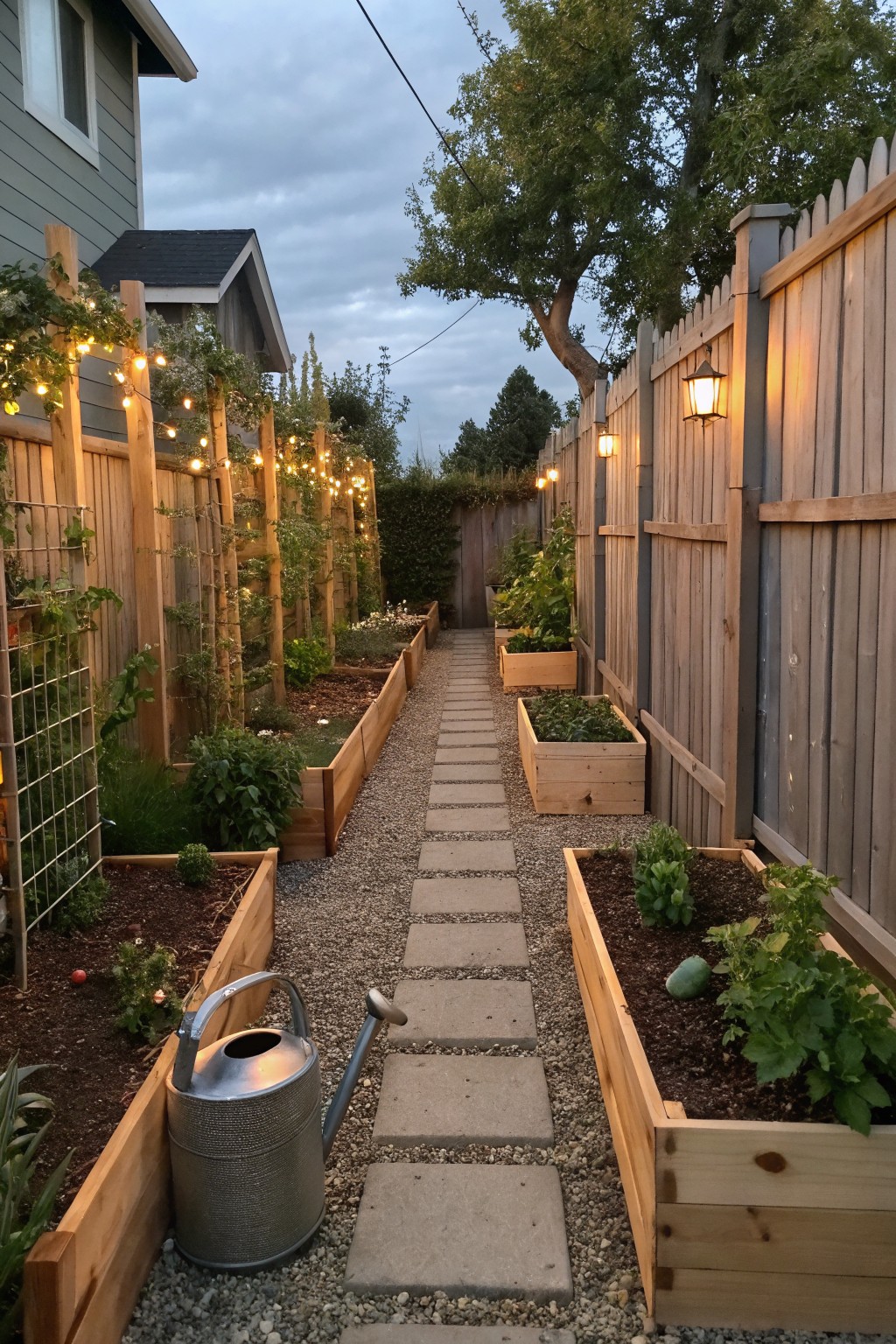 Twilight garden path with wooden raised beds, string lights, and stepping stones.