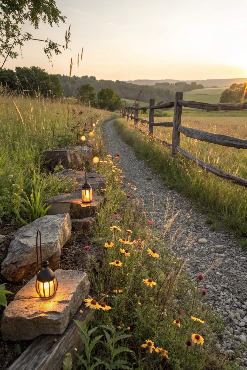 A gravel garden path bordered by wildflowers and solar lanterns resting on large stones beside a wooden fence at dusk.