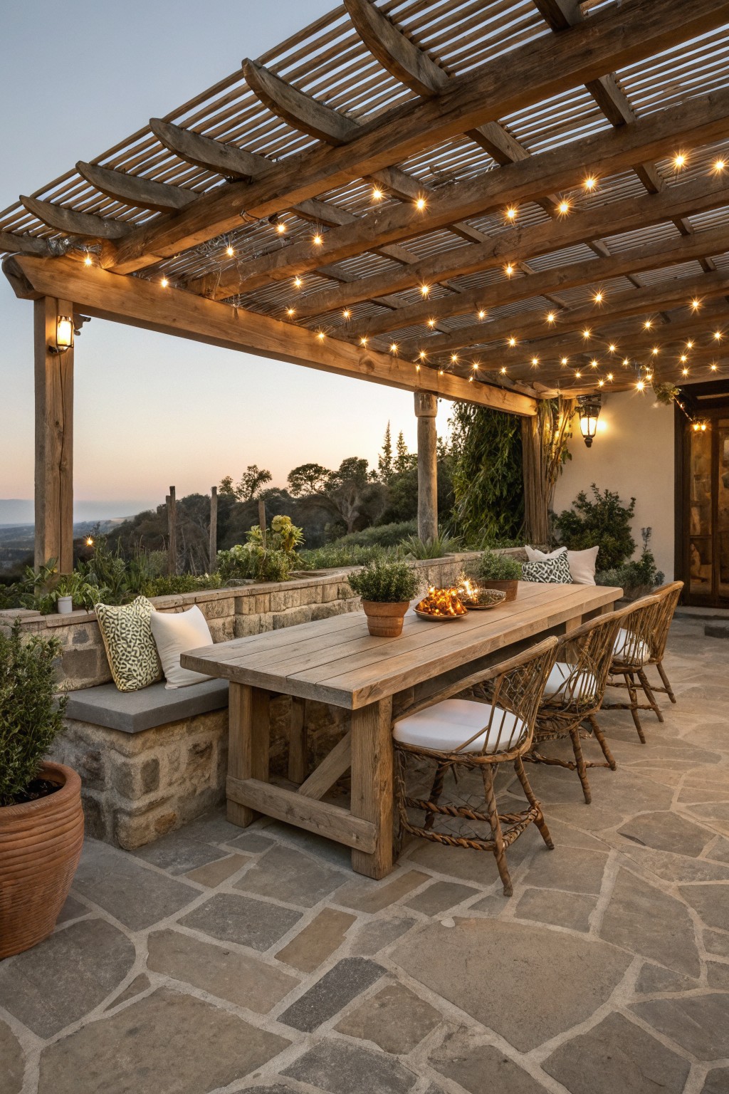 A wooden pergola strung with lights above a long dining table and woven chairs on a stone patio overlooking hills at dusk.