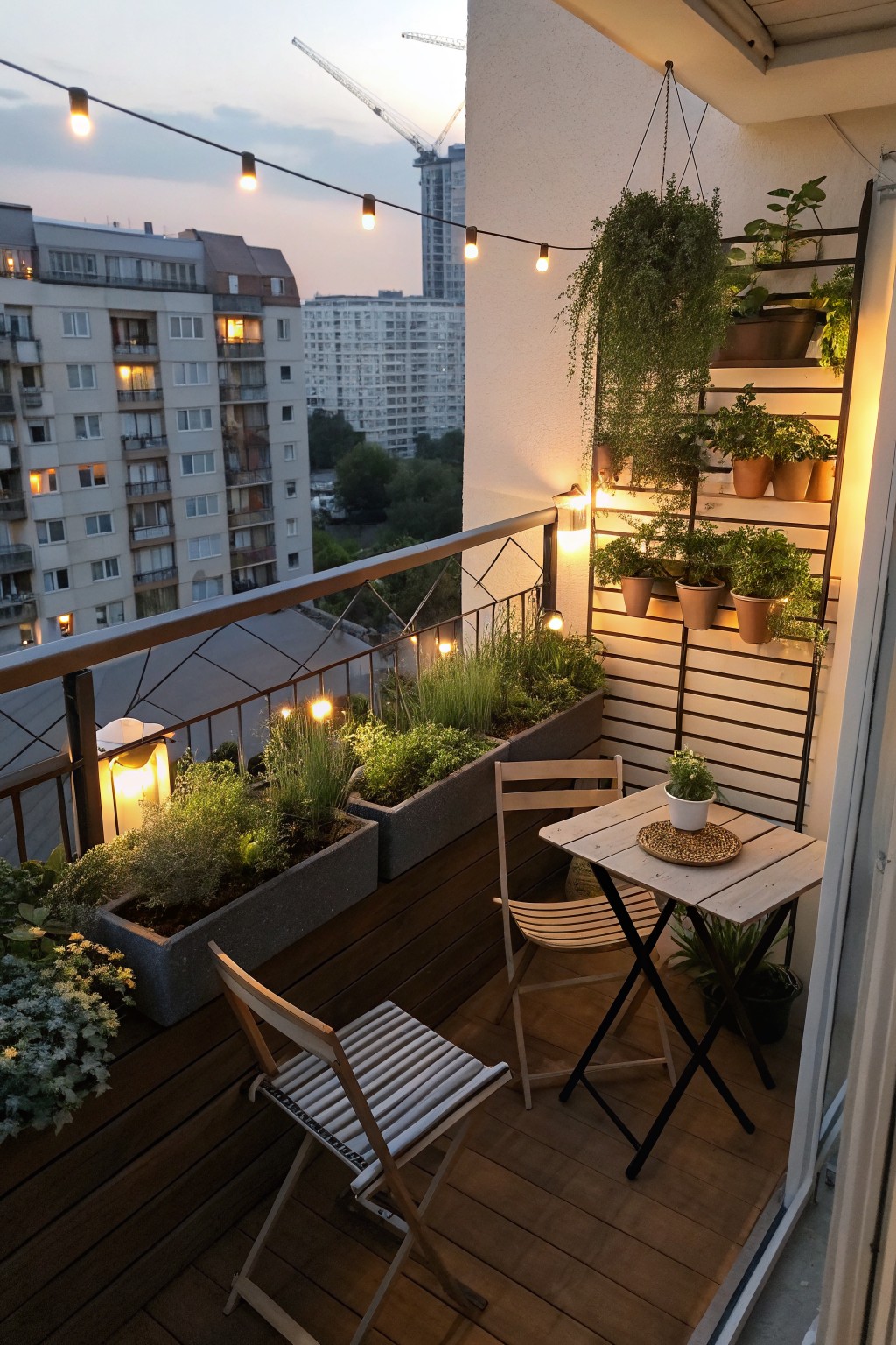 A small balcony at dusk with wooden flooring, two folding chairs, a table, string lights, and multiple potted plants arranged on a wall-mounted vertical shelf system.