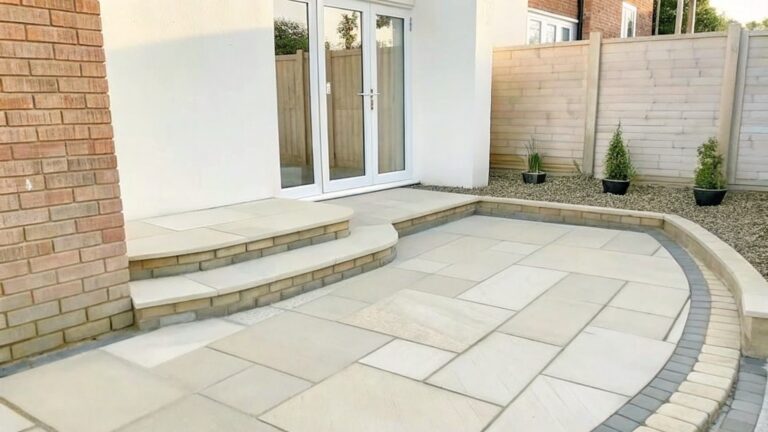 18 Gorgeous Front Garden Decor Ideas That Strengthen Curb Appeal White double doors with potted plants, lanterns, and stone patio entrance