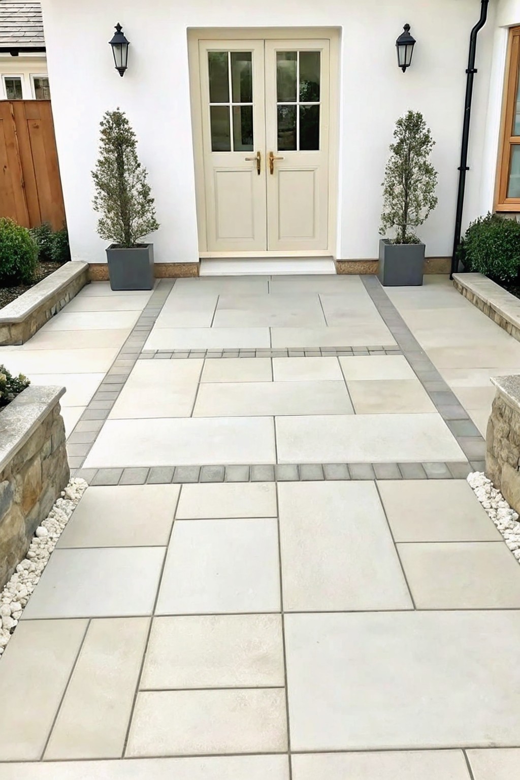 Symmetrical stone patio with double doors flanked by potted trees in gray planters