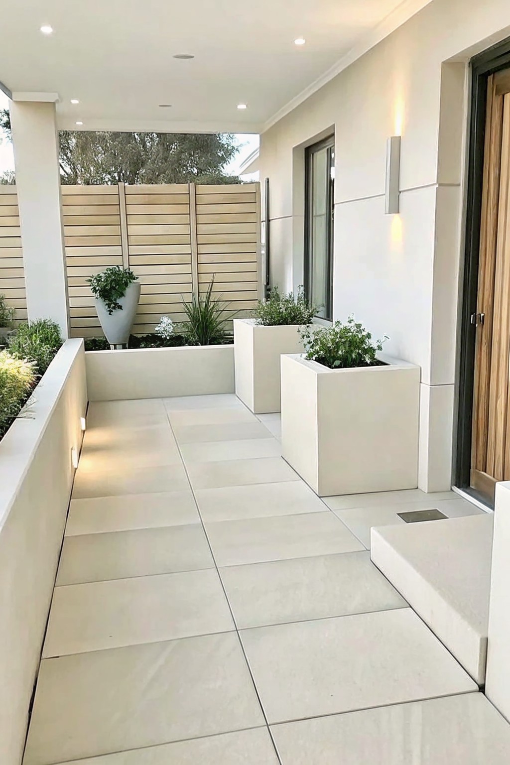 A modern front entry with large white rectangular planters holding green plants along a light tiled walkway leading to a wooden door.