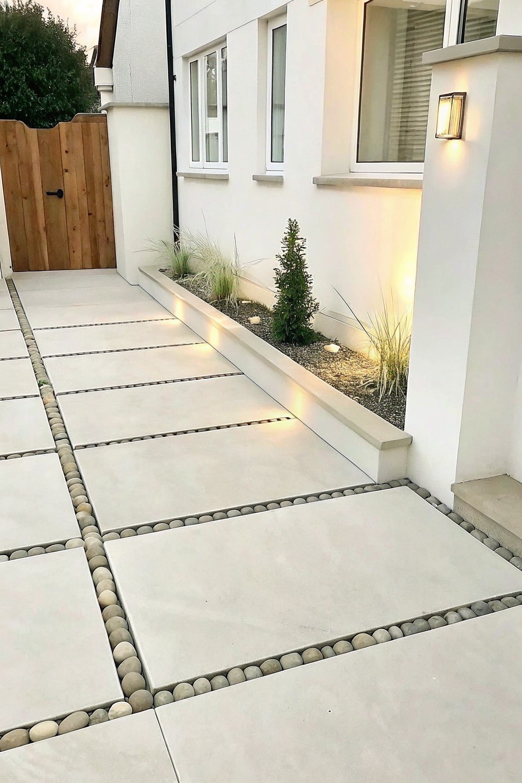 A front walkway of large light gray concrete pavers with narrow borders of small gray pebbles running alongside a low planted bed against a white house wall.