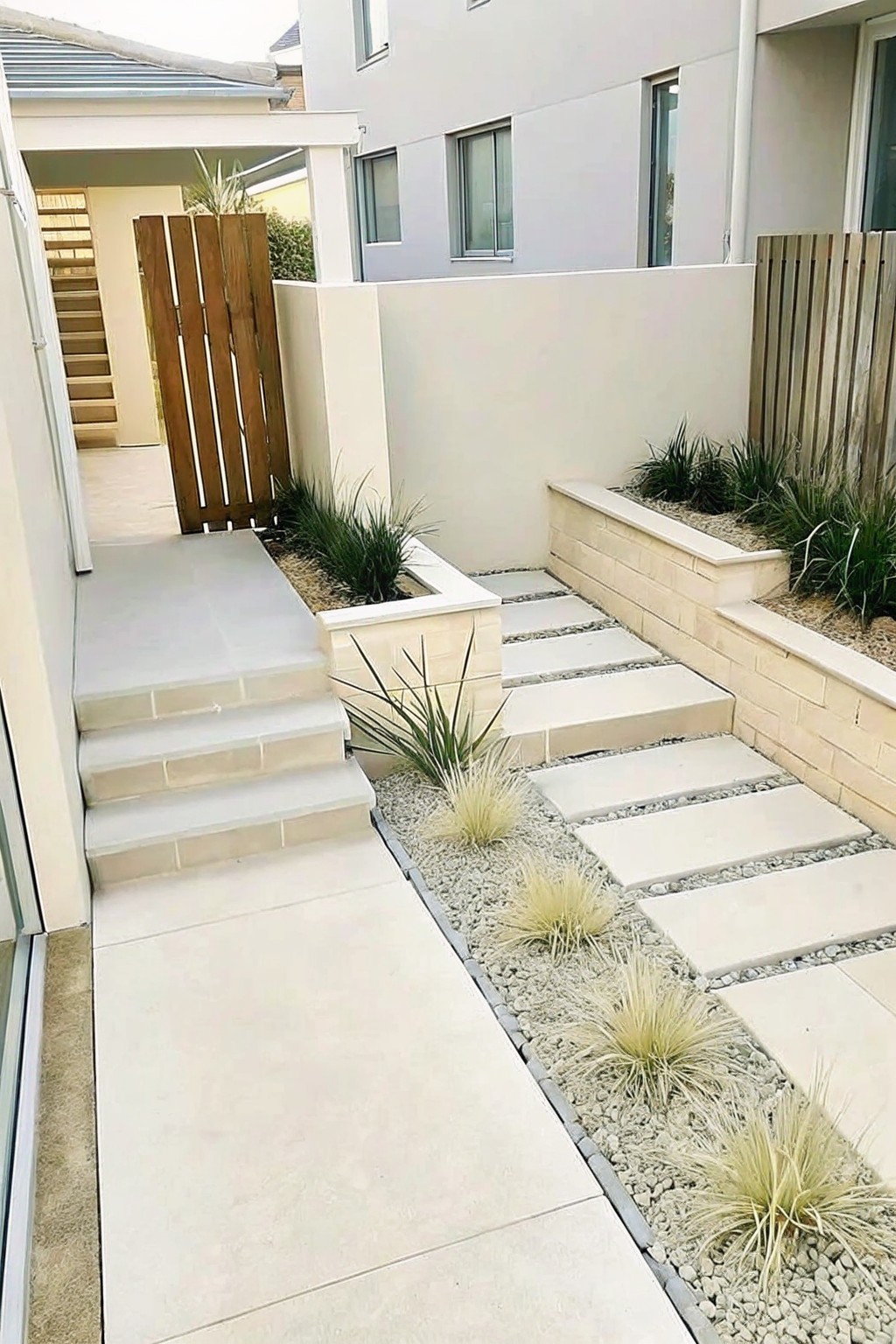 A narrow garden pathway with rectangular concrete pavers set in gravel, flanked by ornamental grasses and low beige retaining walls beside a modern house.