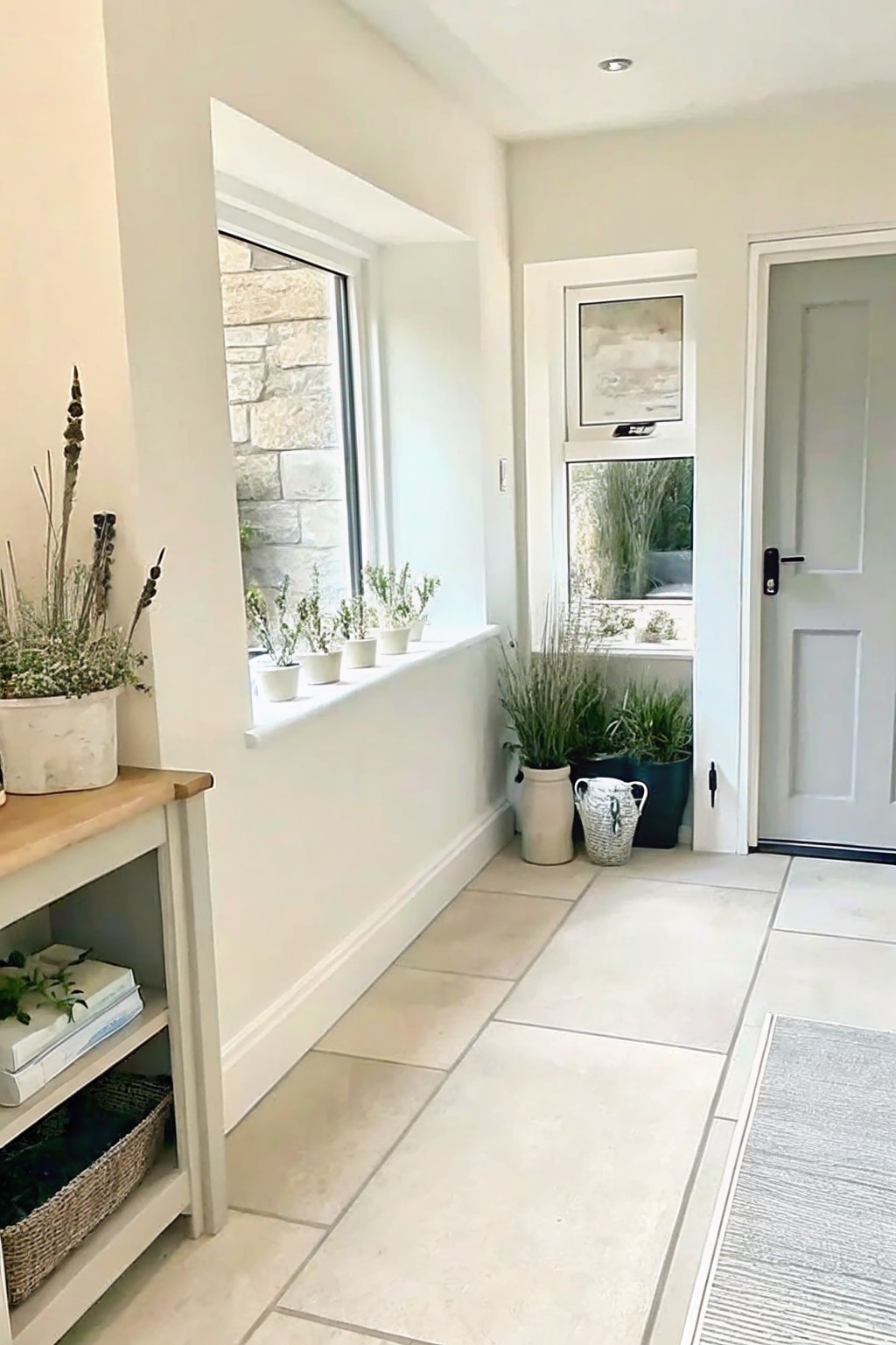 A bright interior hallway with white walls, a stone windowsill holding a row of small potted plants, larger pots on the floor, and a console table with books and a basket.