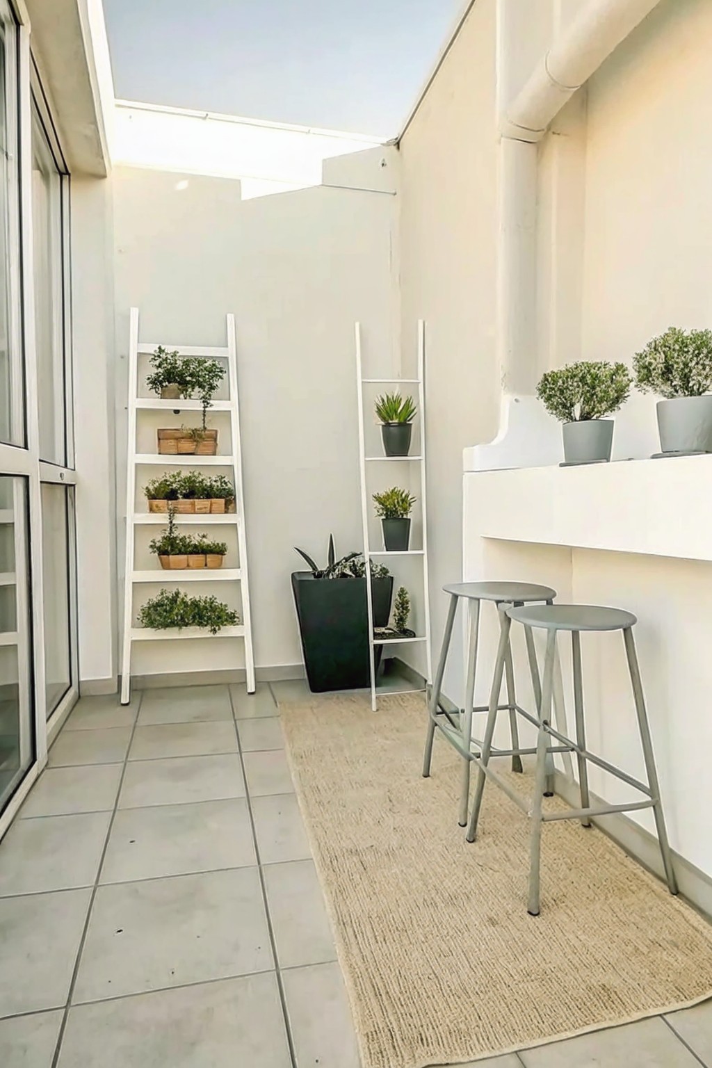 An outdoor patio with two white ladder-style plant stands holding multiple potted plants, two gray stools on a woven rug, and extra plants along a low ledge.