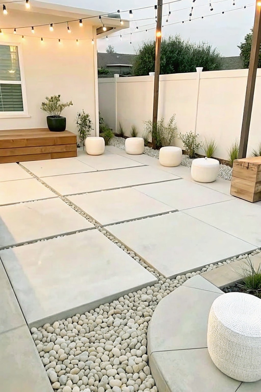 An outdoor patio made of large light-colored square pavers with white gravel filling the spaces between them, surrounded by white seating poufs and string lights.