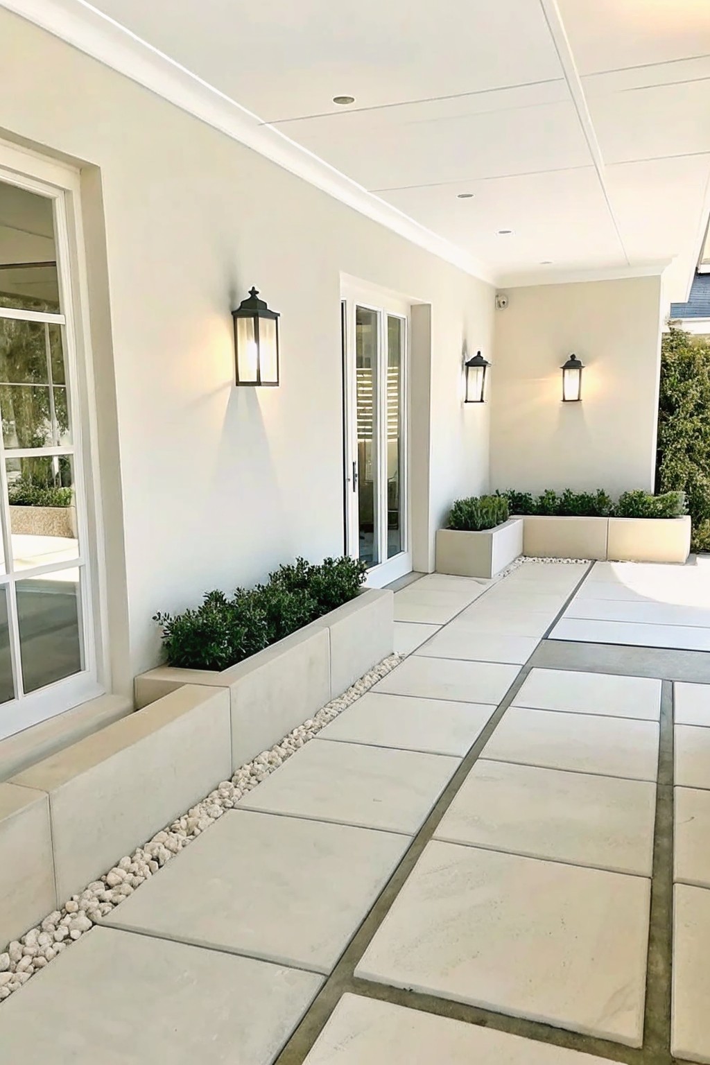 Modern stone walkway with white planters, green shrubs, and black lanterns on walls