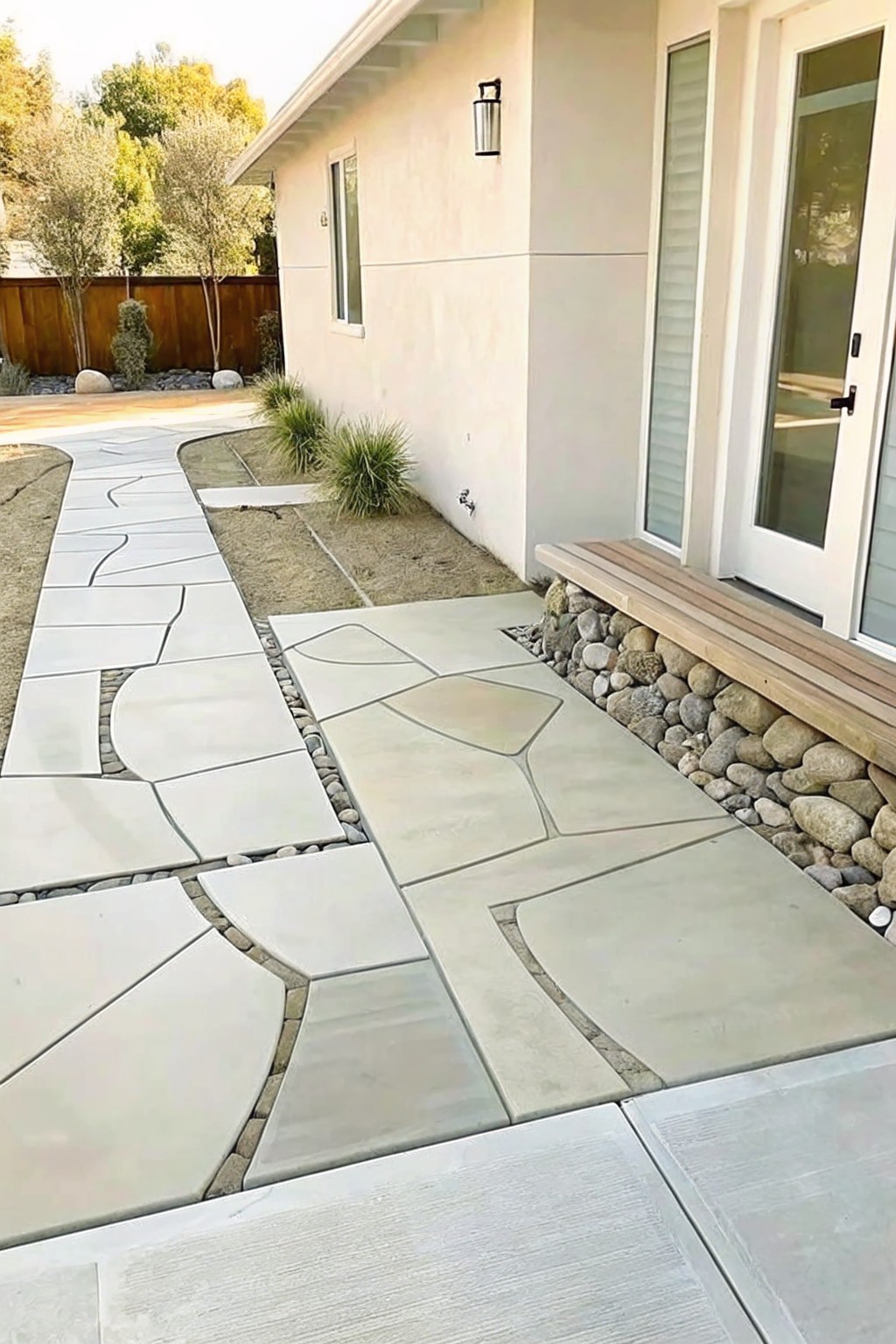 A side yard path made of large irregular light stone pavers with gravel strips between them, running beside a house wall lined with rocks and a wooden bench.