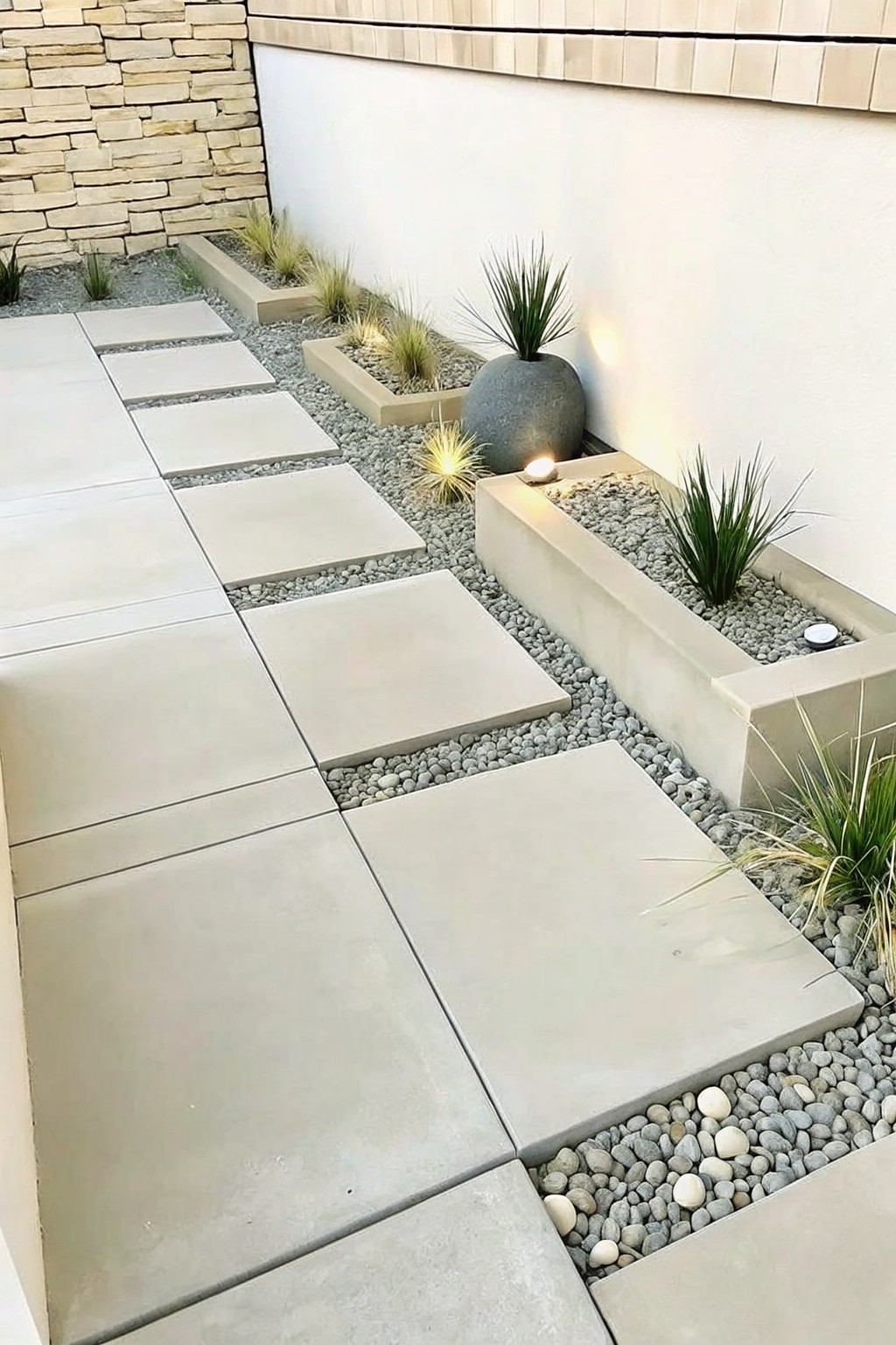 A side yard path of large concrete pavers set in gravel, with raised concrete planters holding grasses and a large gray boulder.