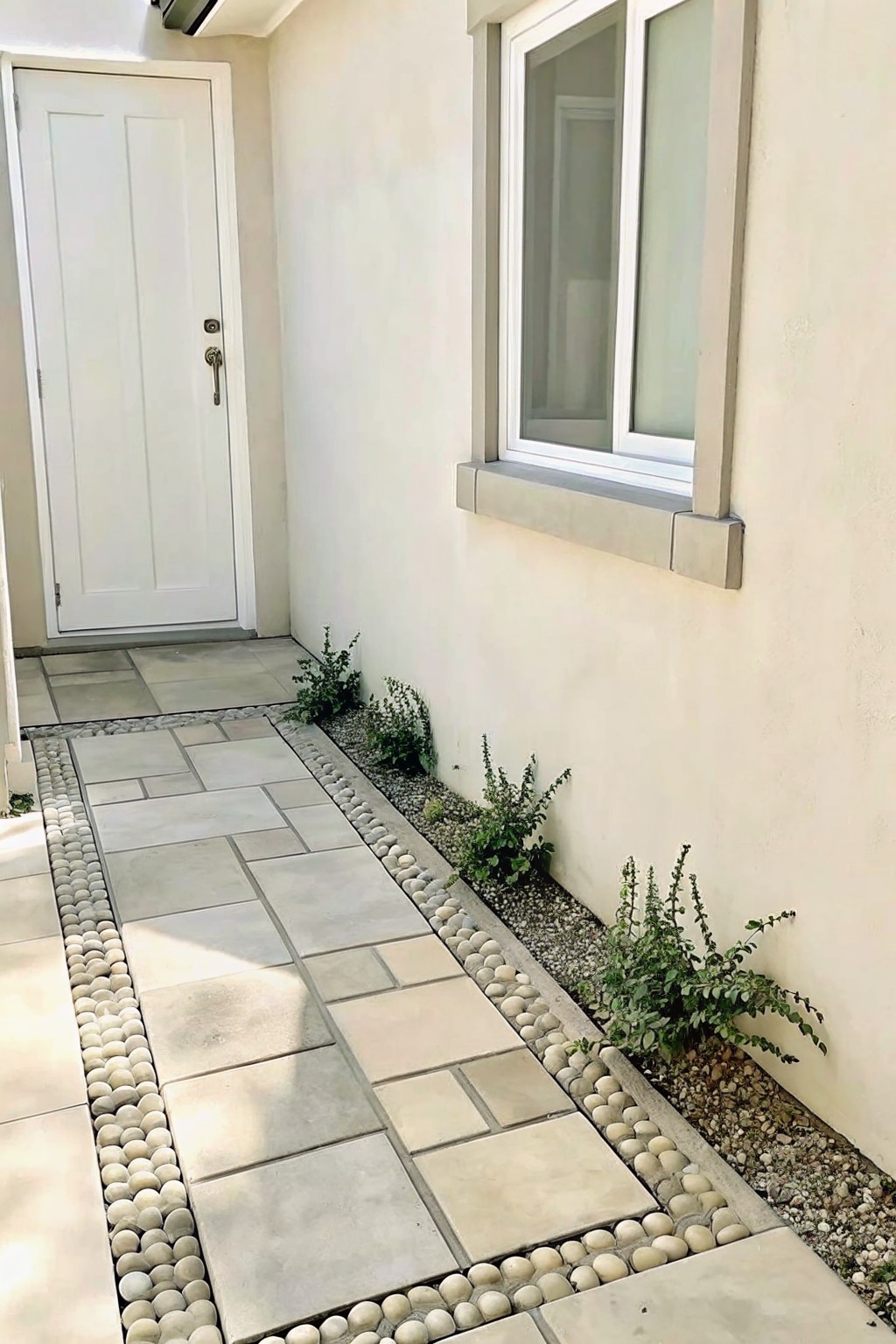 A narrow paved walkway bordered by rows of small round pebbles runs alongside a stucco wall with a window and leads toward a white door.