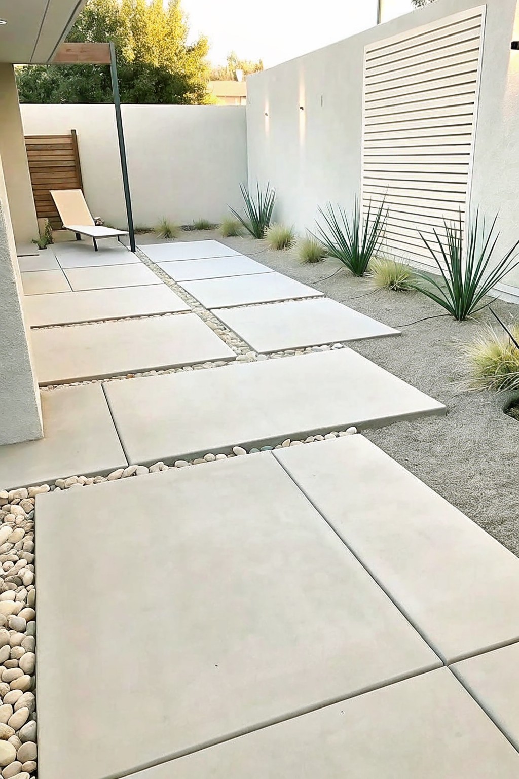 A garden path made of large square concrete pavers set in gravel with pebble borders, surrounded by ornamental grasses and white walls.