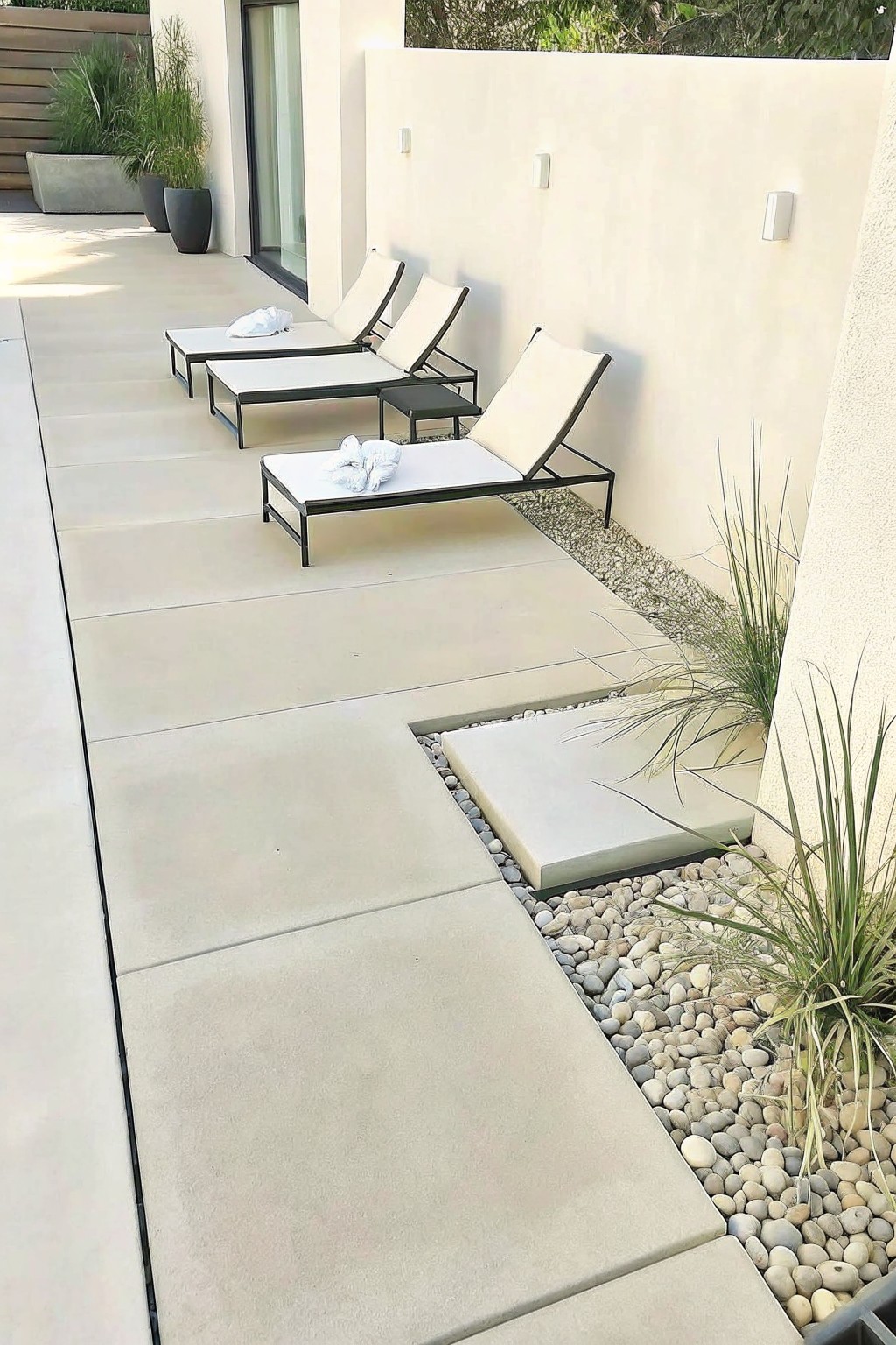A concrete patio with lounge chairs borders a strip of gravel and pebbles that holds several tall grasses along a stucco wall.