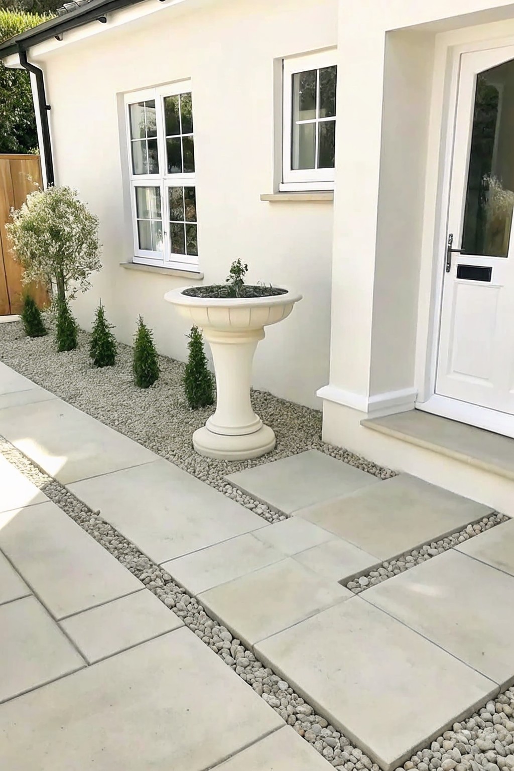 A front garden with large light-colored stone pavers separated by gravel strips, bordering a gravel bed that holds small shrubs and a large white urn planter beside a white house wall.