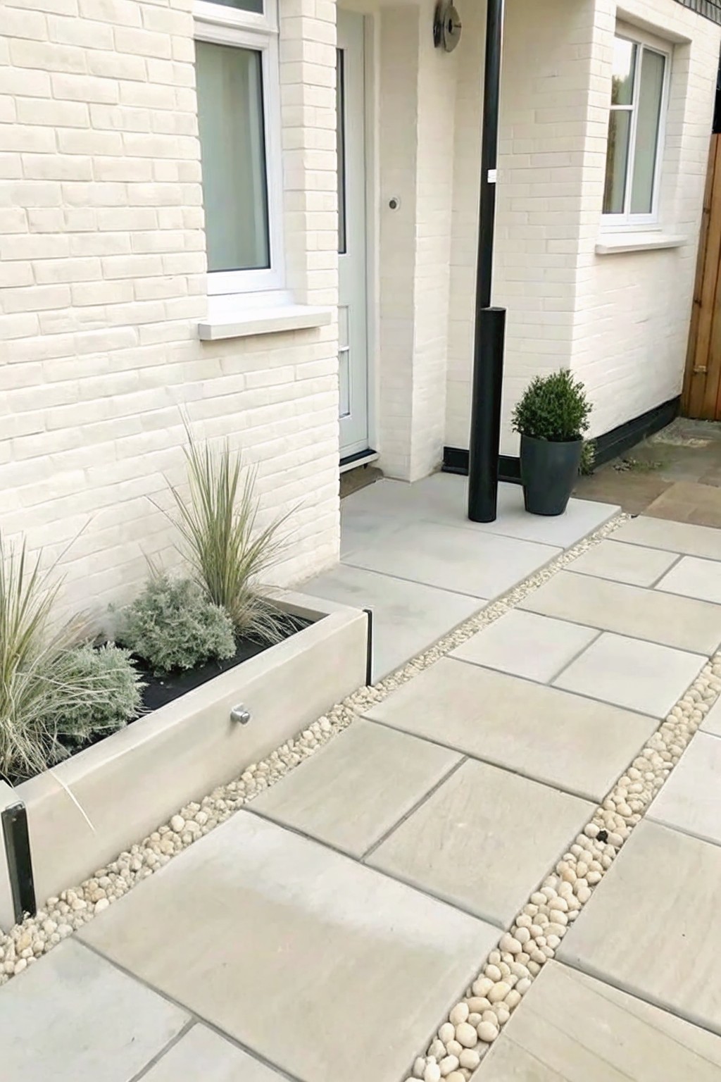 A light-colored paved walkway bordered by white pebbles runs alongside a white brick house, with a concrete planter holding grasses and shrubs near the entrance.