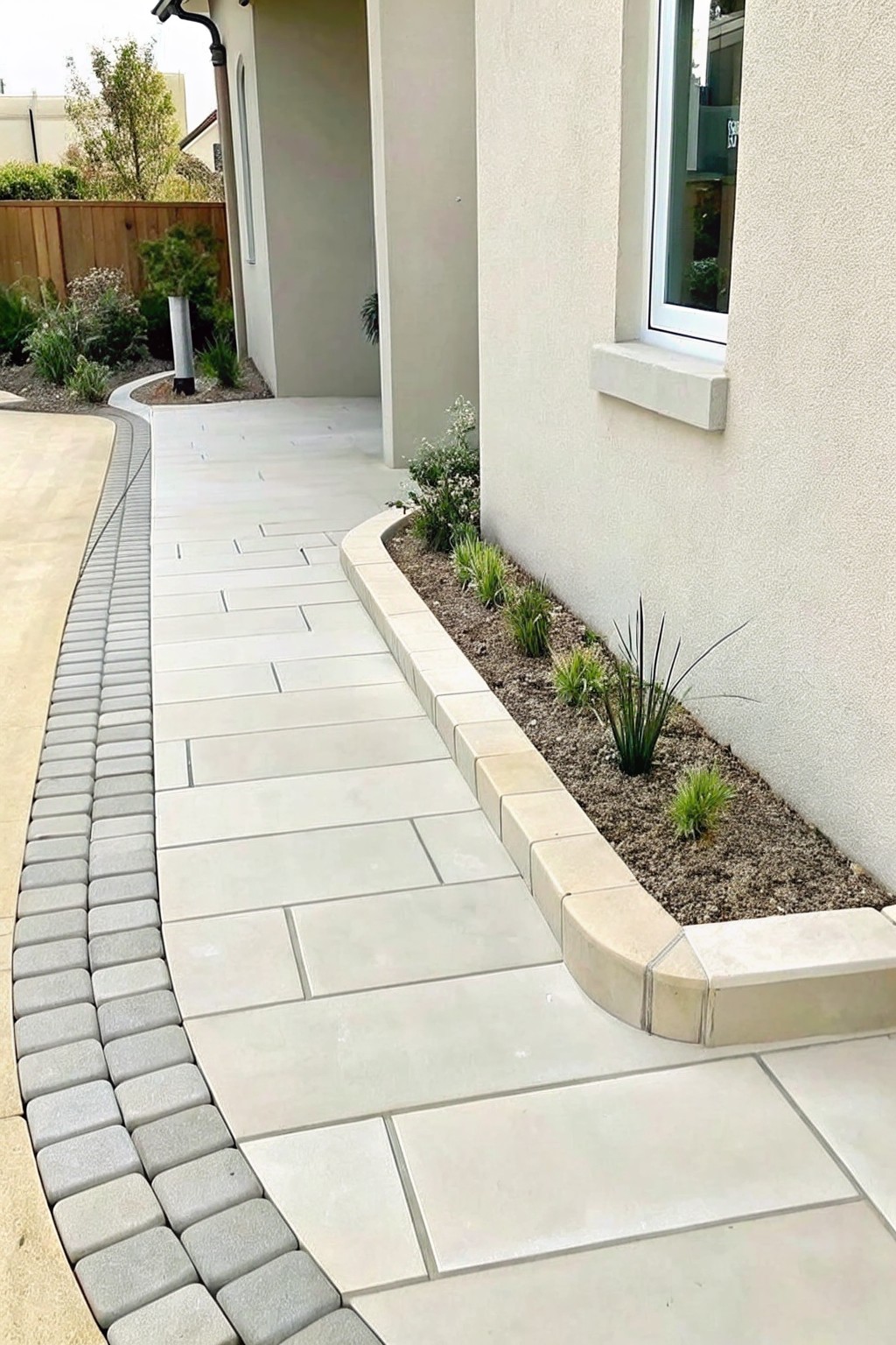 A light-colored paver walkway curves alongside a mulched garden bed edged with low rectangular stone blocks next to a house wall.