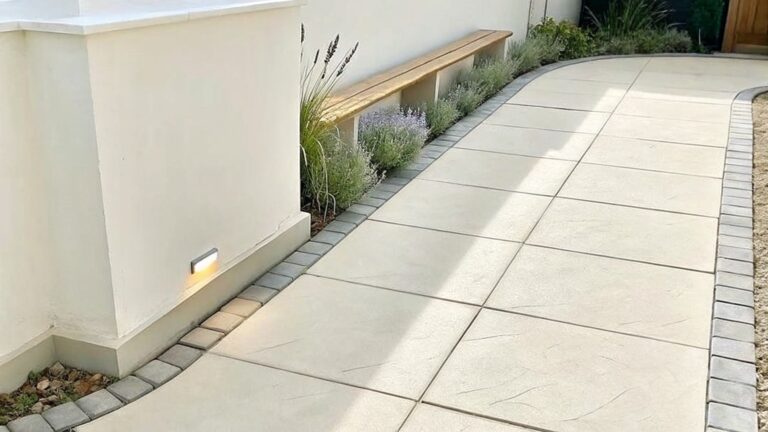A stone slab path bordered by gravel runs alongside a white house wall with double doors.