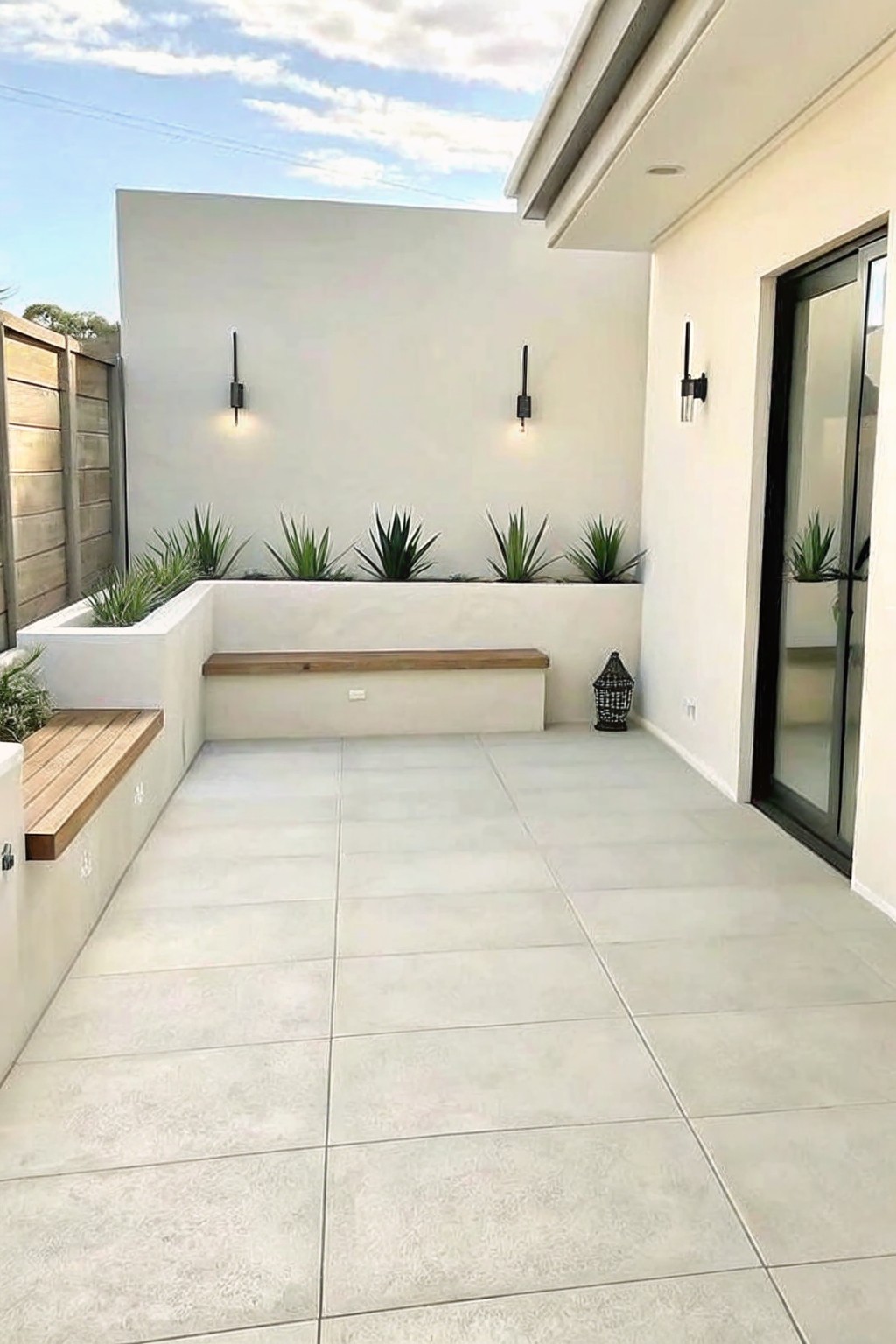 An outdoor patio with large light gray tiles, white built-in benches with wood tops, and raised planters holding green plants against a plain white wall with black wall sconces.