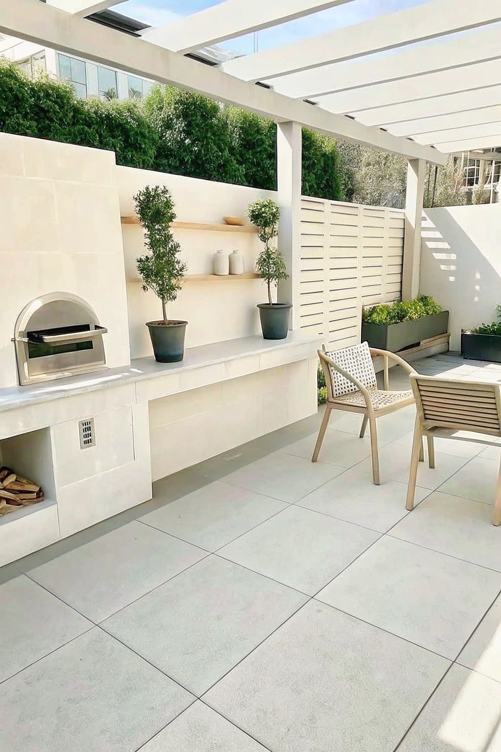 An outdoor patio with a white built-in kitchen counter featuring a pizza oven, potted plants on shelves, and seating under a pergola.