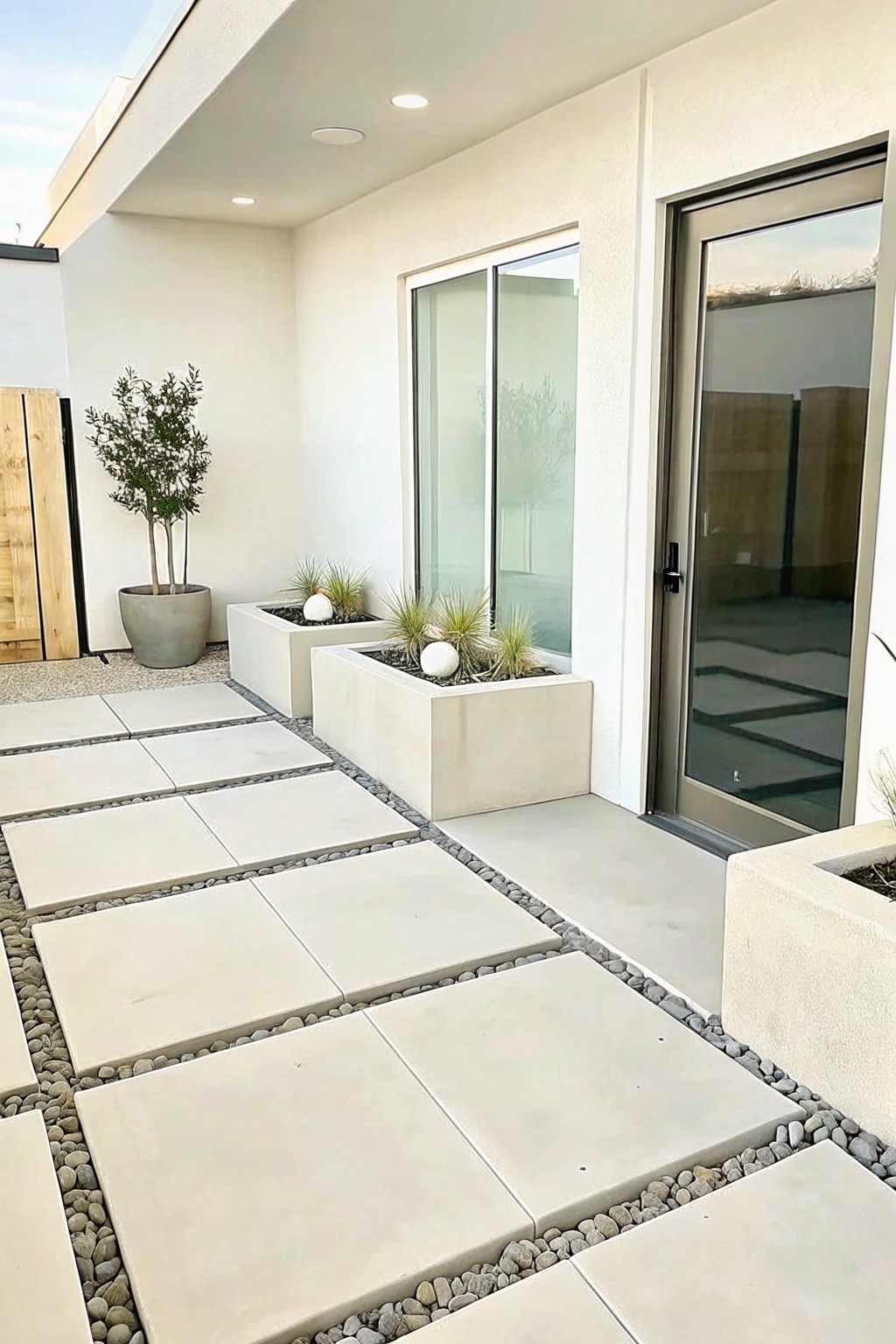 A modern outdoor walkway lined with rectangular concrete planters holding grasses and white spheres, bordered by light pavers and gray gravel next to a house with large glass doors.