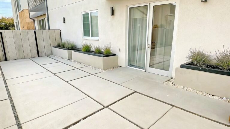 18 Durable Garden Decor Ideas for Weather-Exposed Patios and Planting Beds A modern outdoor walkway lined with rectangular concrete planters holding grasses and white spheres, bordered by light pavers and gray gravel next to a house with large glass doors.
