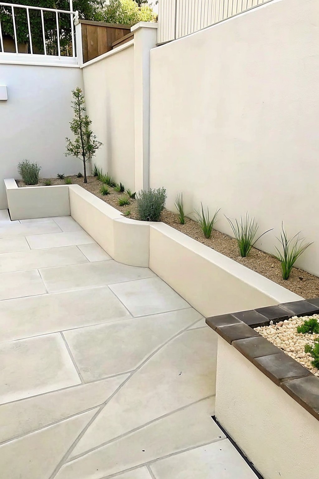 Modern patio with light tiles, curved white walls, and planted gravel beds