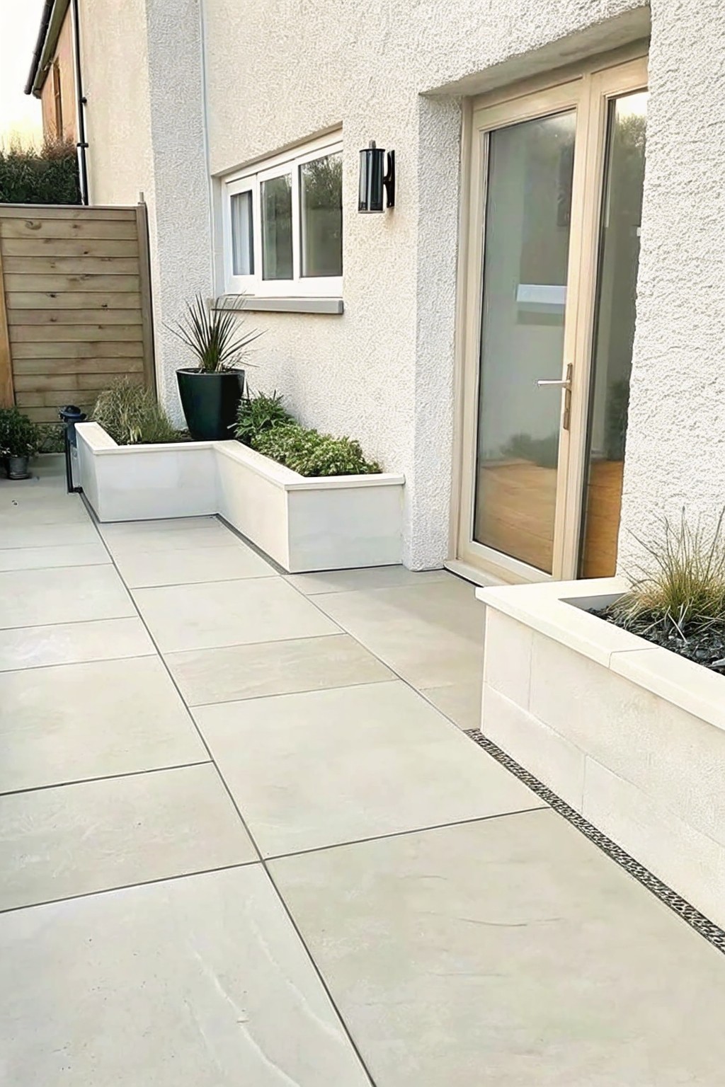 A paved patio with rectangular white built-in planters containing grasses and shrubs, next to a glass door on a textured house wall.
