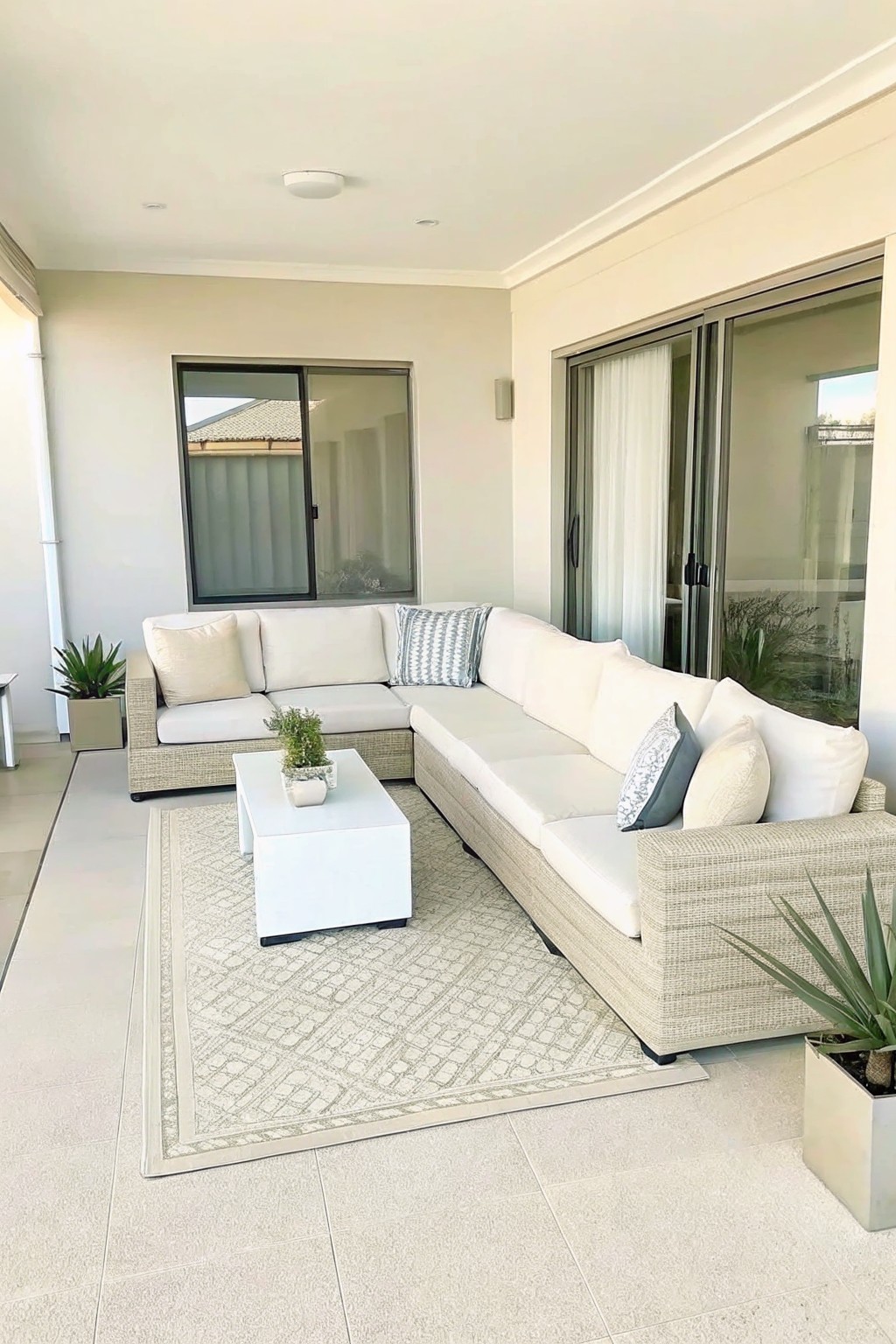 An outdoor patio with a large L-shaped sectional sofa, white coffee table on a patterned rug, and several potted plants beside sliding glass doors.